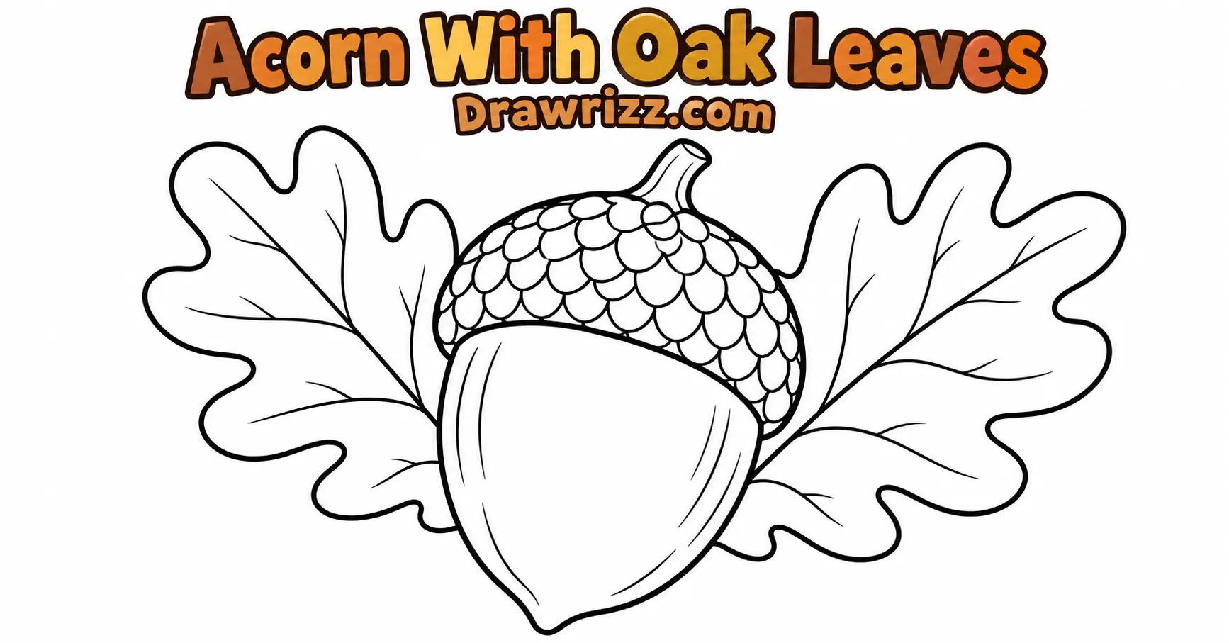 Fall Drawing Ideas featuring a simple acorn with oak leaves in clean black outlines, perfect for kids, beginners, and autumn coloring.