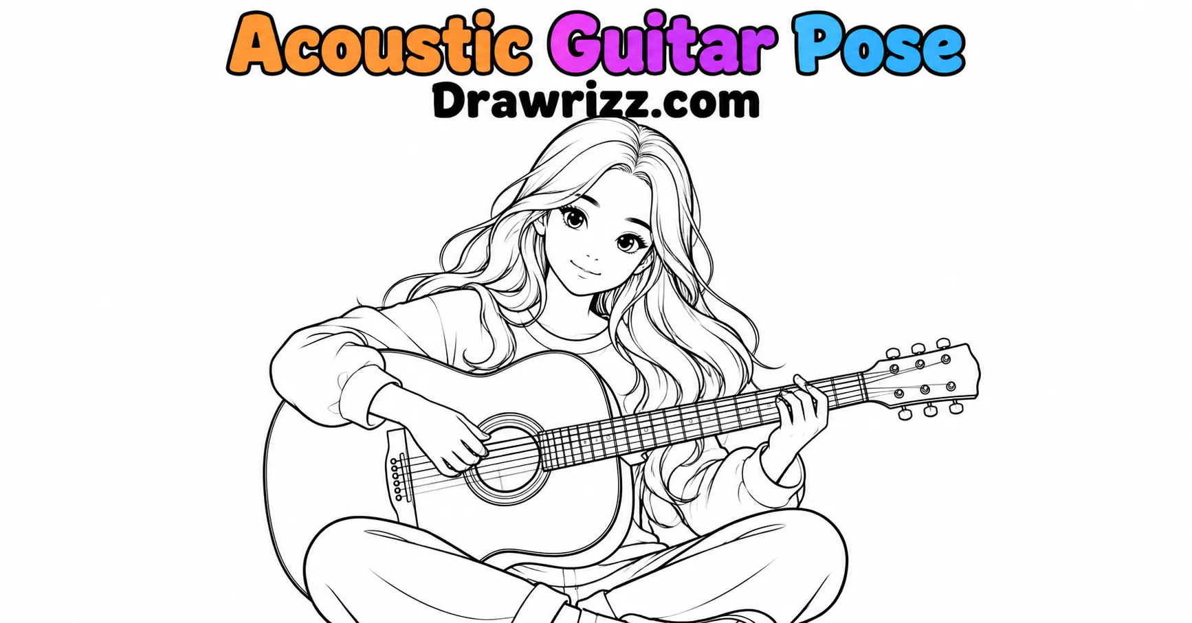 Girl Sketch Drawing Ideas featuring a girl playing an acoustic guitar with long wavy hair and clean black and white line art