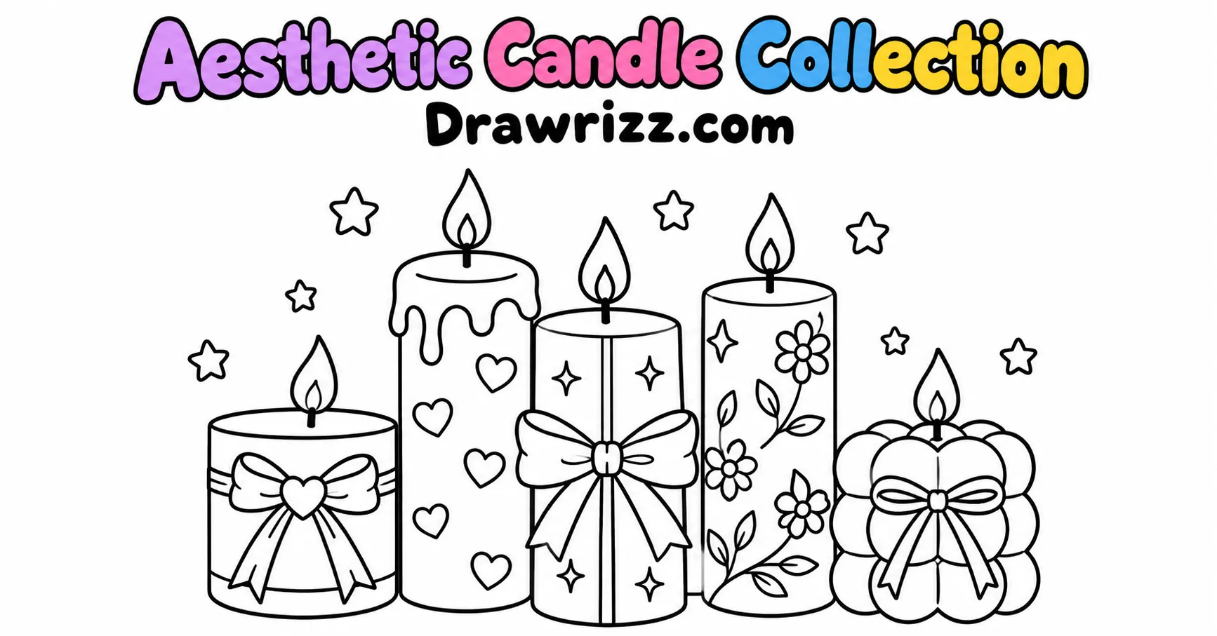 Happy Birthday Drawing Ideas featuring an aesthetic candle collection with bows, hearts, flowers and stars in easy coloring line art.