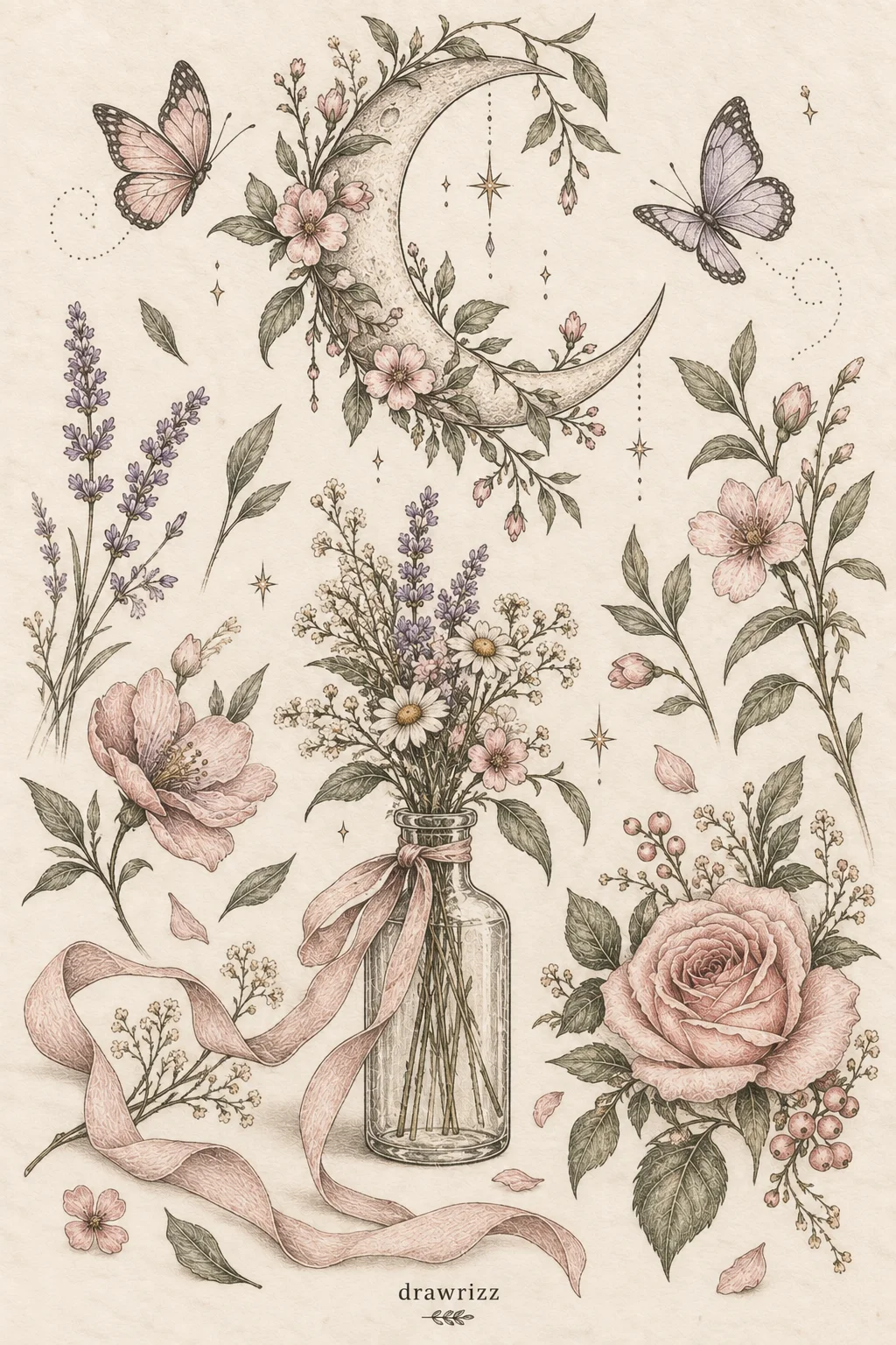 Aesthetic Flower Drawing Ideas featuring romantic roses, lavender, daisies, delicate wildflowers, leafy botanical stems, a floral crescent moon, butterflies, and a vintage glass bottle bouquet with flowing ribbon details.