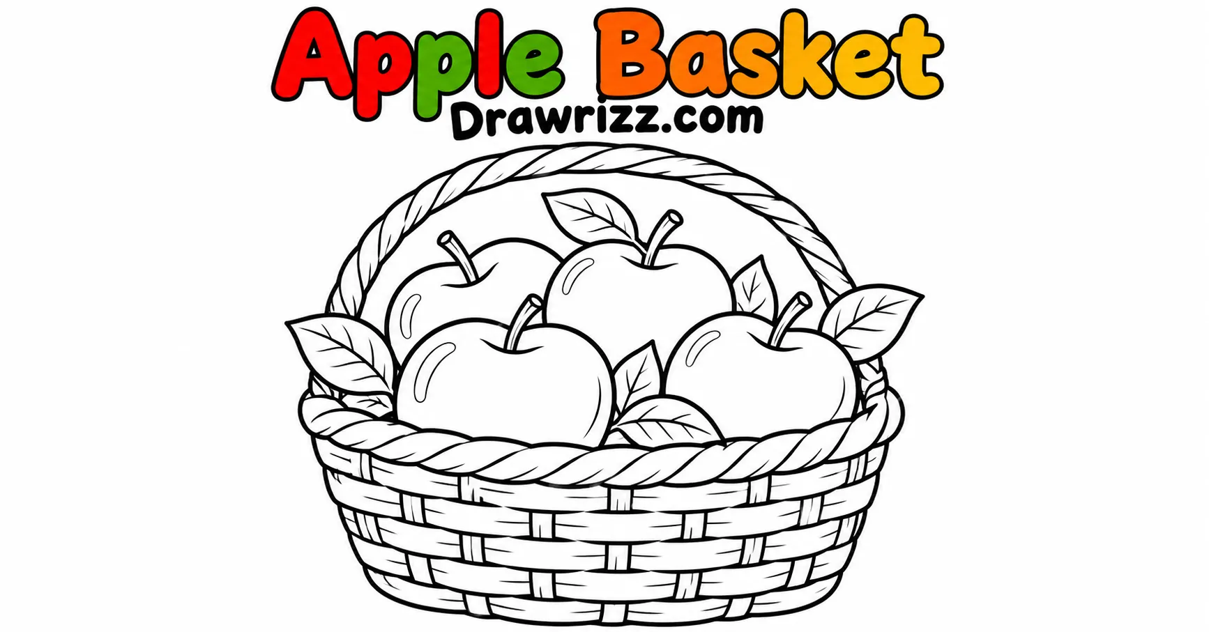 Fall Drawing Ideas featuring an apple basket filled with apples and leaves in clean black outlines, perfect for kids and easy autumn sketches.