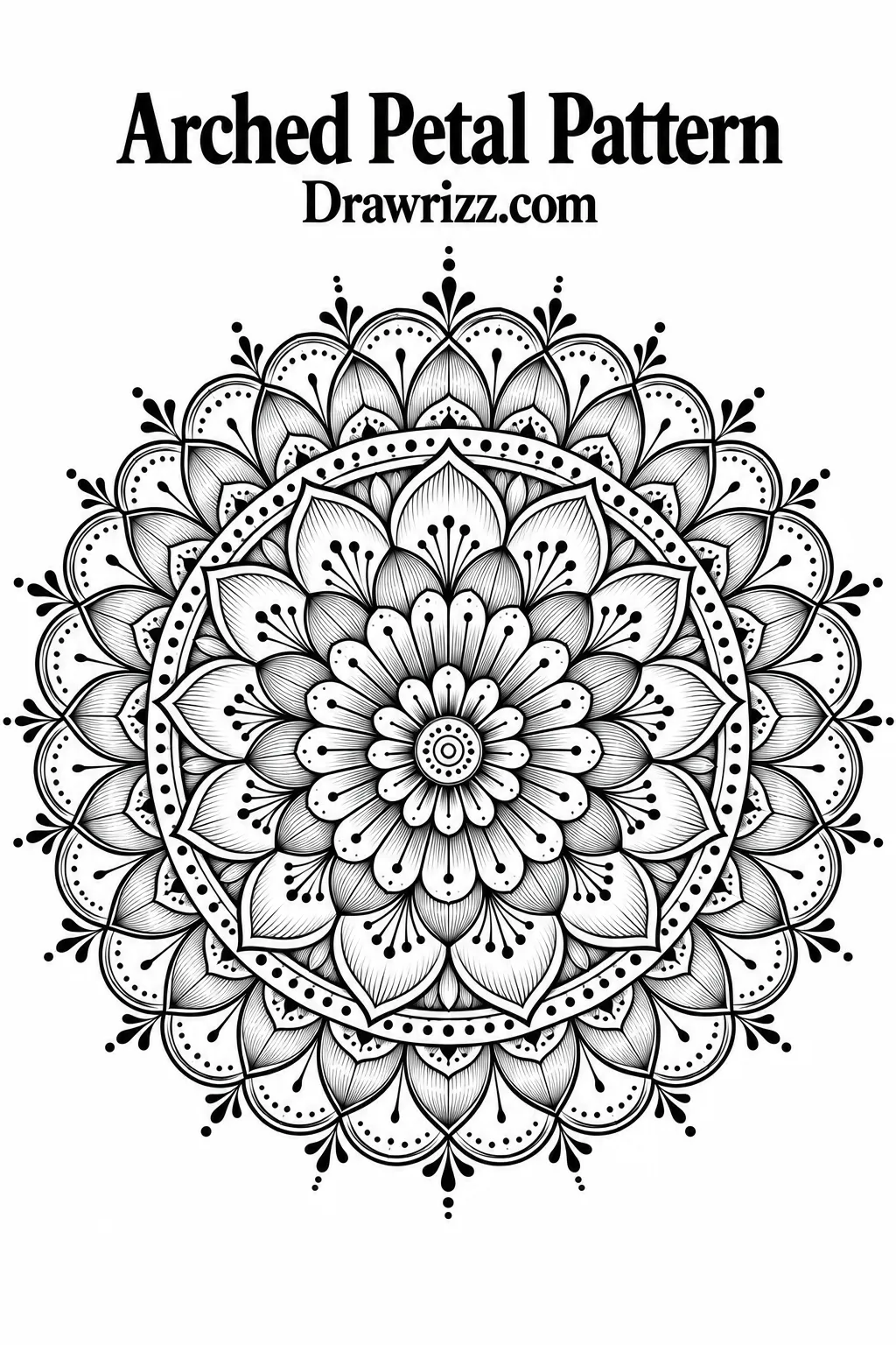 Mandala Drawing Ideas featuring an arched petal pattern with layered floral shapes, delicate line details, dotted accents, and beautiful radial symmetry.