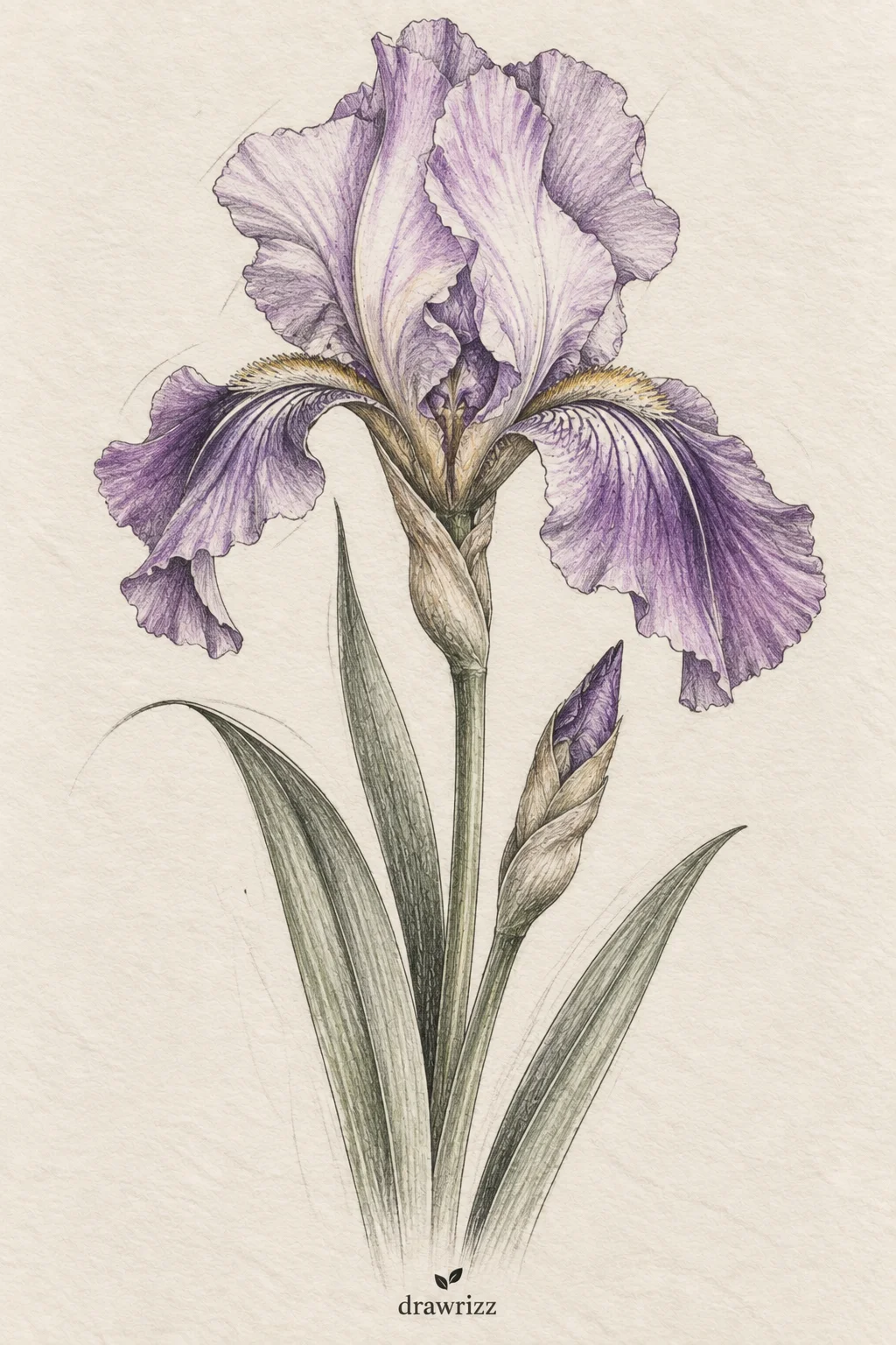 Artistic Iris easy flower drawing ideas featuring a purple iris sketch with ruffled petals, elegant stem, flower bud and slender green leaves.