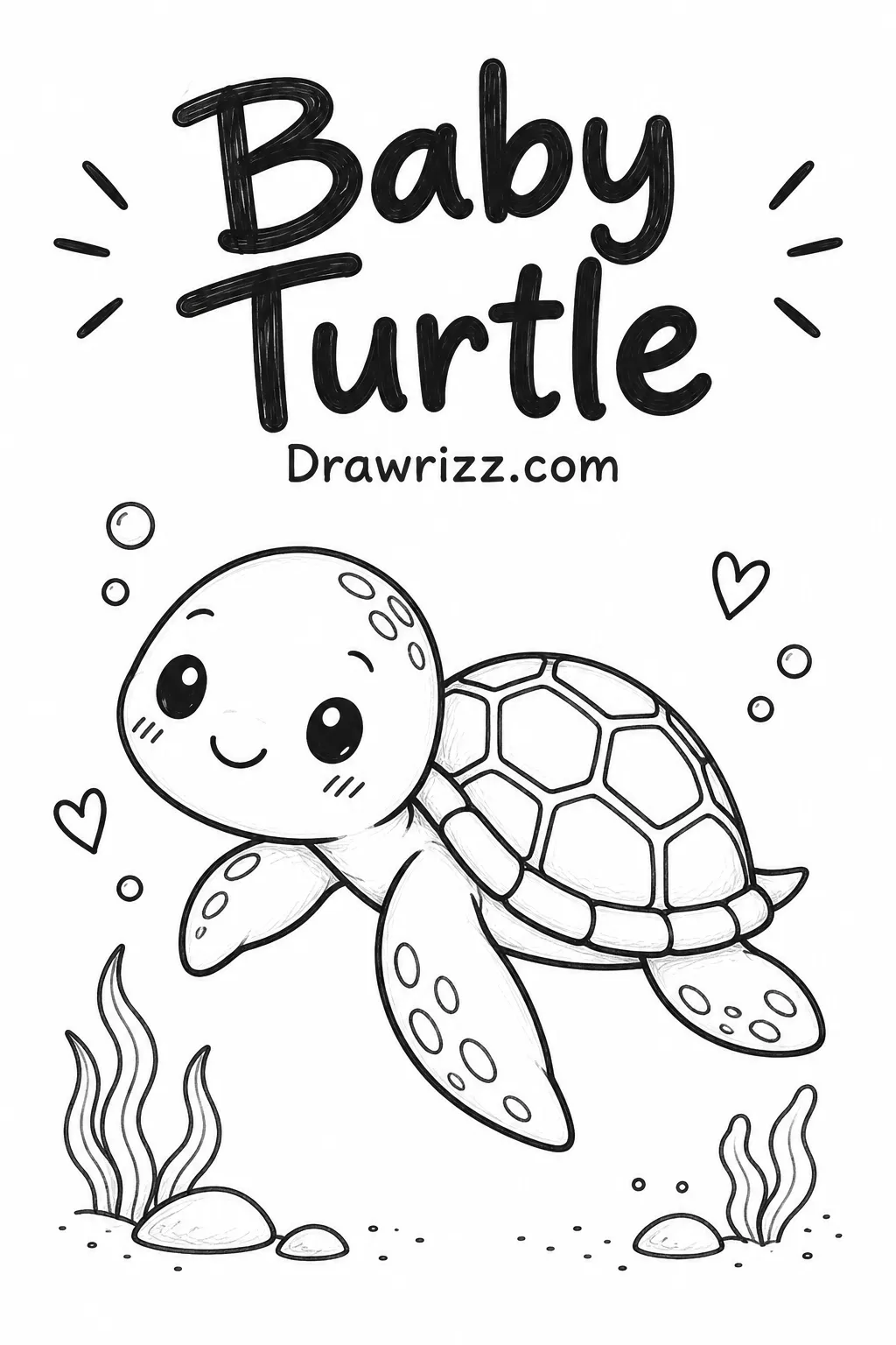Easy Doodle Drawing Ideas featuring a baby turtle with cute shell, smiling face, flippers and simple pencil details for beginners.