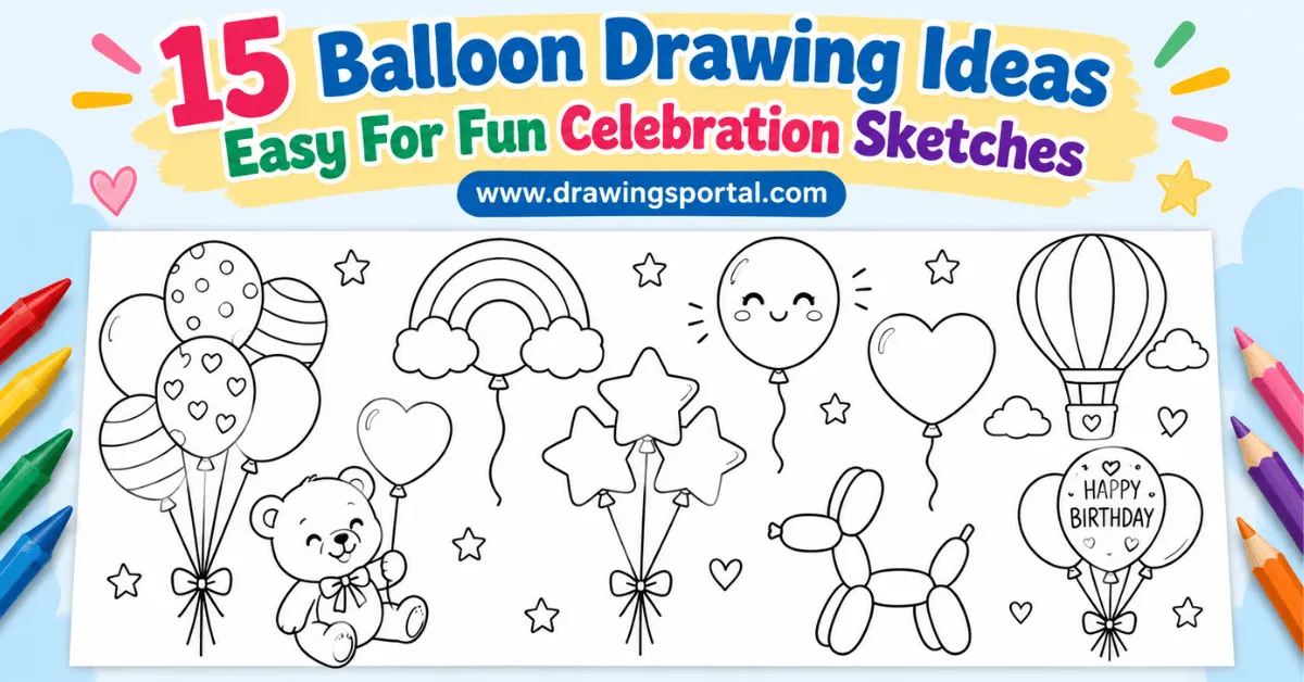 Balloon Drawing Ideas featuring 15 easy celebration sketches with cute balloons, birthday shapes, hearts, stars, and fun outlines.