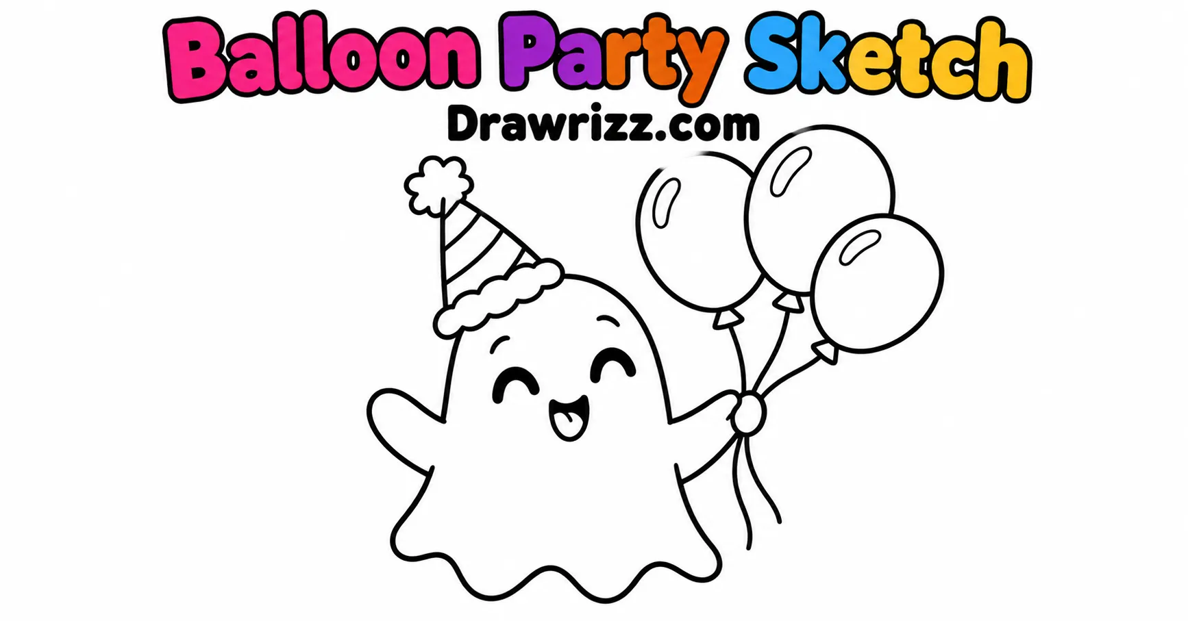 Balloon Party Sketch from Ghost Drawing Ideas, featuring a cute ghost holding three balloons with a party hat for easy kids coloring.
