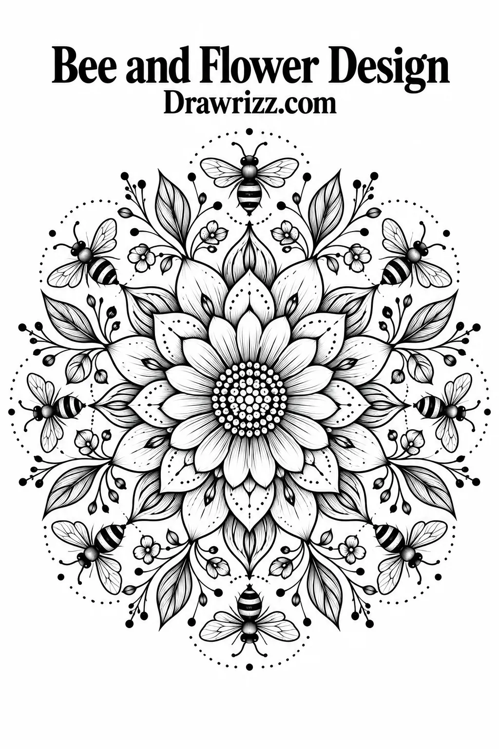 Mandala Drawing Ideas featuring a bee and flower design with a detailed central bloom, leafy botanical elements, tiny bees, and balanced radial symmetry.