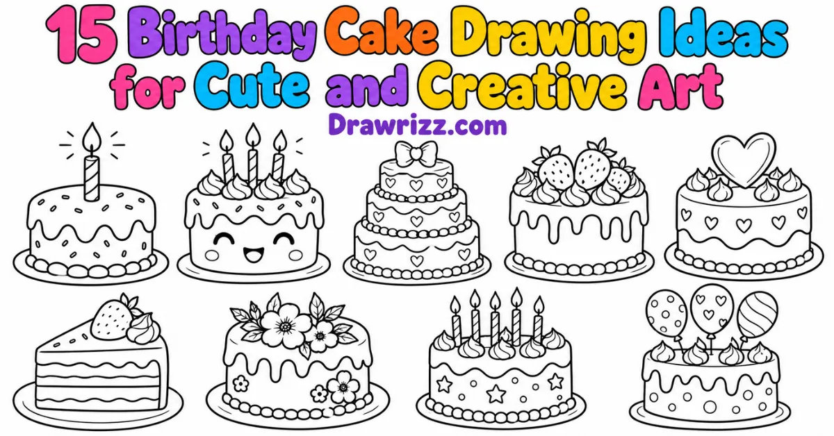 Birthday Cake Drawing Ideas featuring 15 cute and creative black and white cake sketches with candles, frosting and decorations.