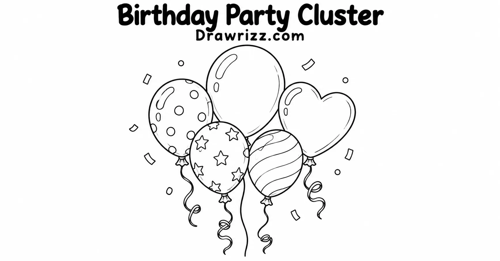 Balloon drawing ideas featuring a birthday party cluster with patterned balloons, curly strings, confetti, and easy celebration line art.