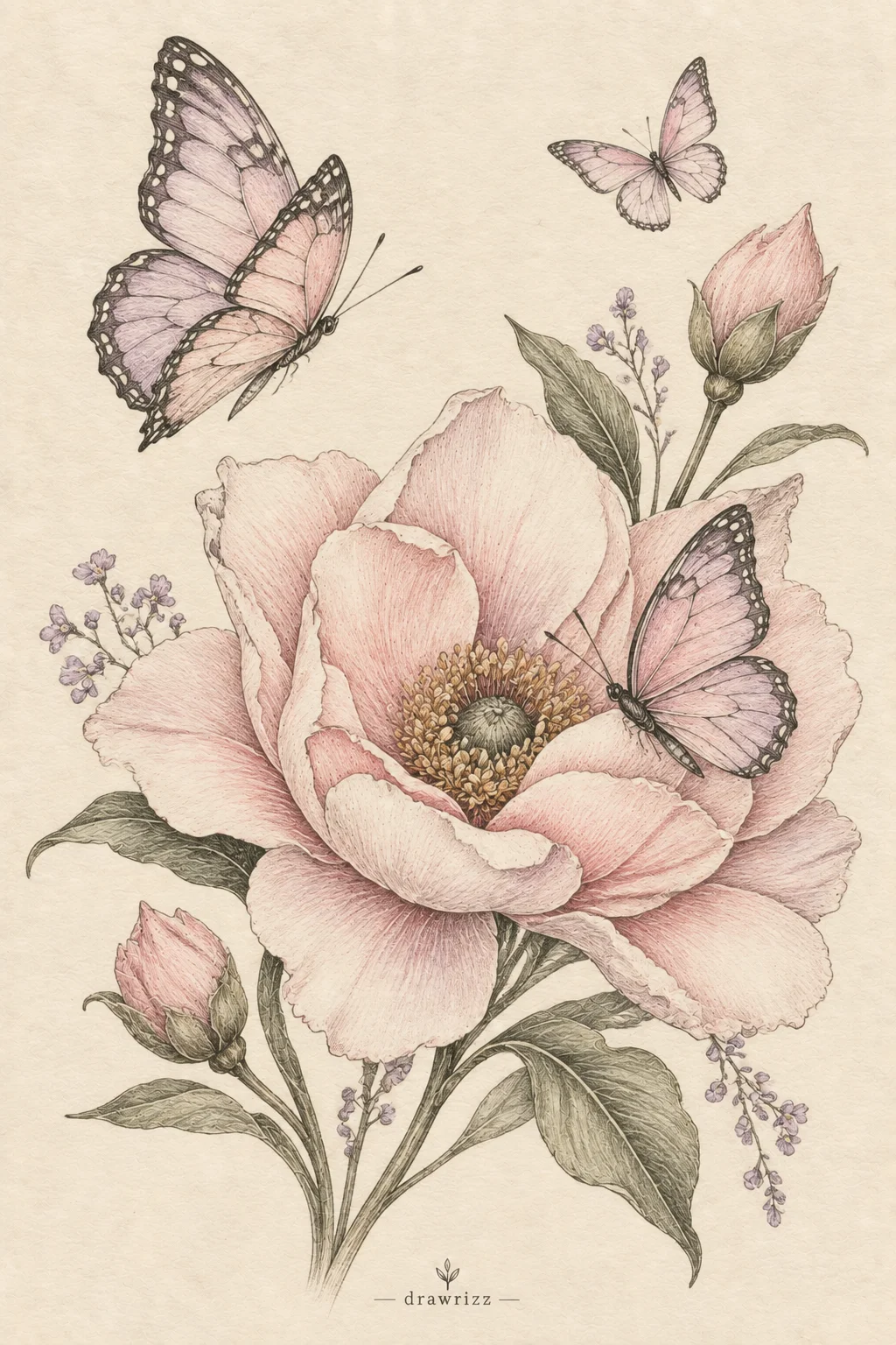 Blooms and Butterflies easy flower drawing ideas featuring a soft pink bloom with delicate butterflies, flower buds and detailed green leaves.