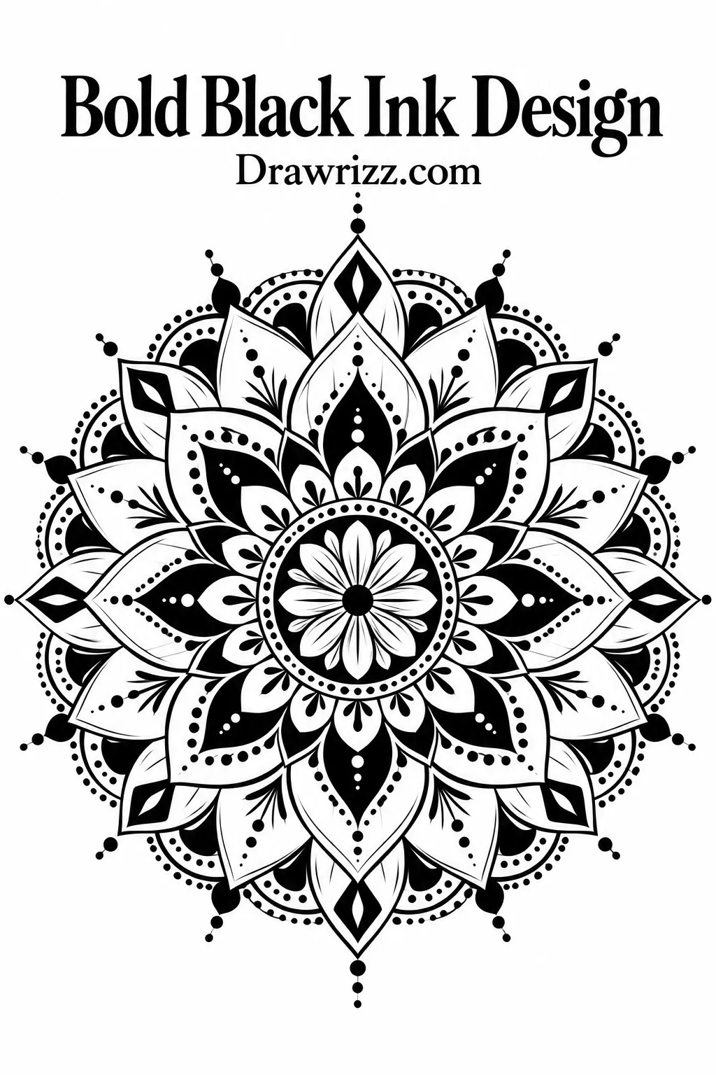 Mandala Drawing Ideas featuring a bold black ink design with layered floral petals, solid contrast, dotted accents, and striking radial symmetry.