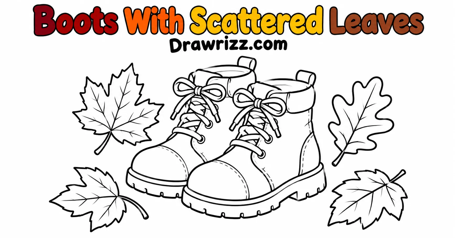 Fall Drawing Ideas featuring a pair of cozy boots surrounded by scattered maple and oak leaves, perfect for kids and easy autumn sketches.