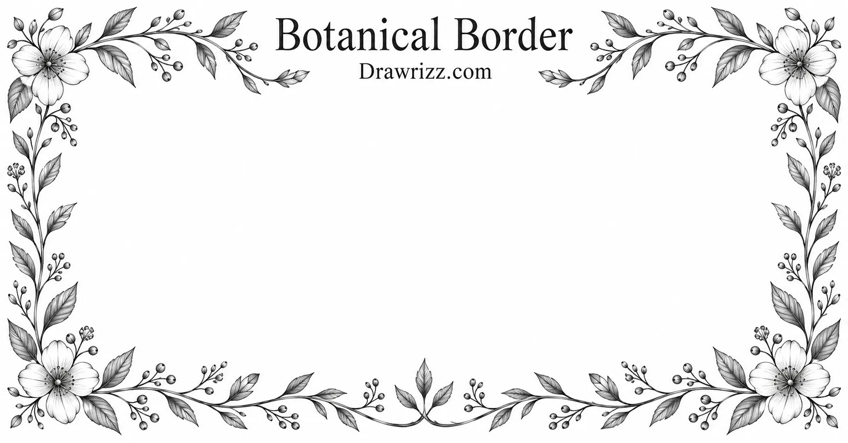 35 Leaf Drawing Ideas for Creative Botanical Sketches Leaf Drawing Ideas featuring an elegant botanical border with delicate flowers, leafy vines, buds and curved branches framing open white space in black-and-white pencil art.