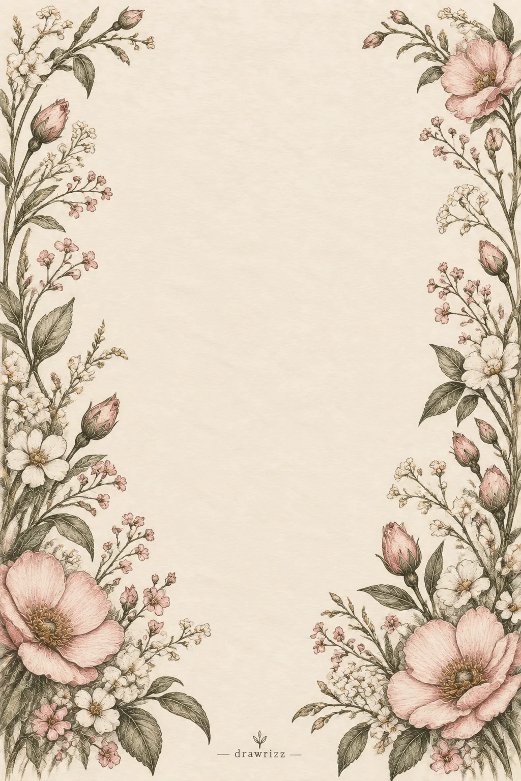 Botanical Border flower drawing ideas featuring soft pink blooms, rosebuds, delicate white blossoms, leafy stems, and graceful botanical branches framing a spacious blank center.
