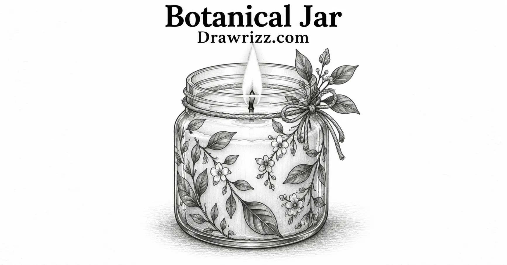 Botanical Jar candle drawing with floral leaves, glowing flame, glass jar, ribbon detail, and elegant black and white pencil art.