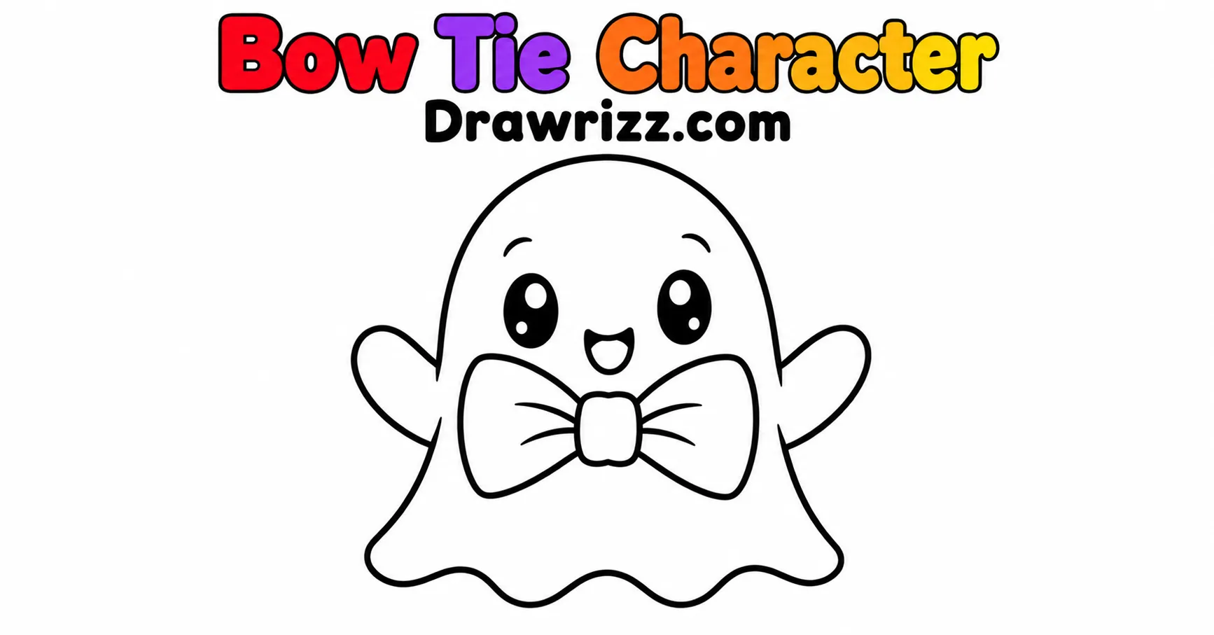 Bow Tie Character from Ghost Drawing Ideas, featuring a cute smiling ghost wearing a large bow tie with bold outlines for kids coloring.