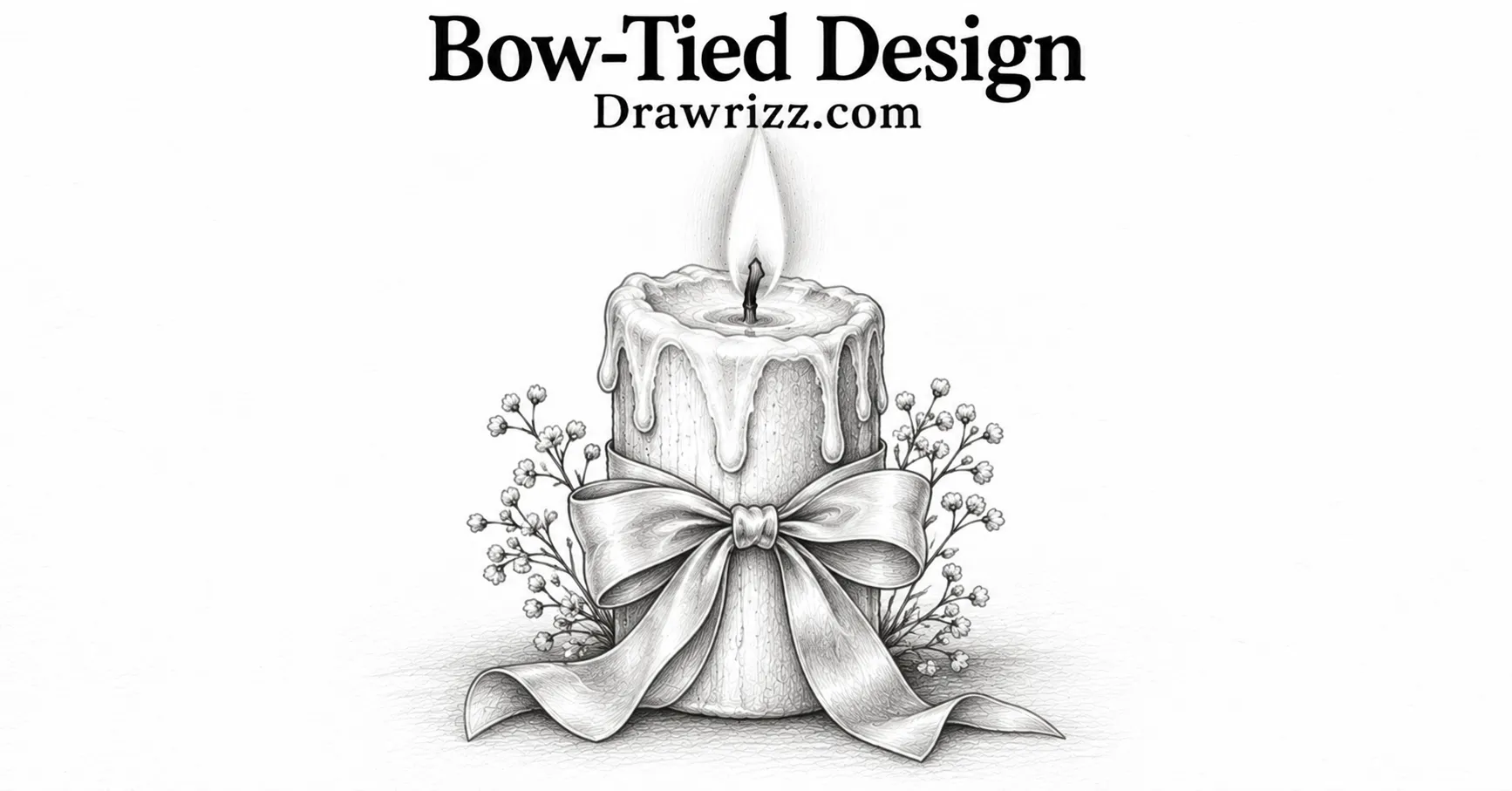 Bow-Tied Design candle drawing with elegant ribbon bow, dripping wax, glowing flame, floral accents, and black and white pencil art.