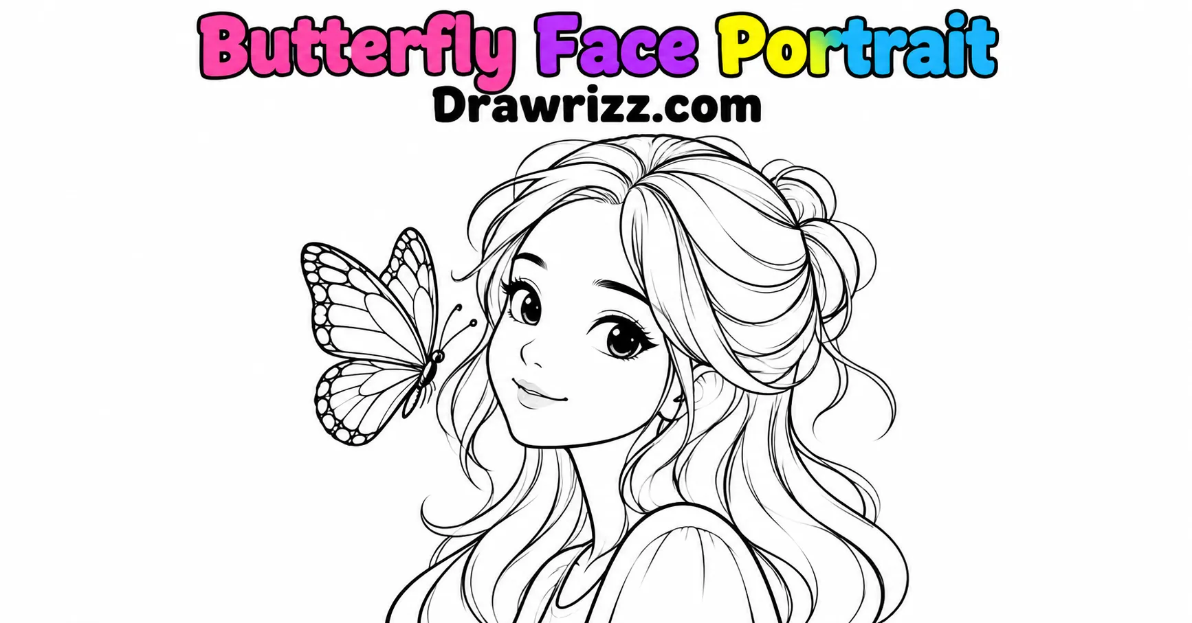 Girl Sketch Drawing Ideas featuring a cute butterfly face portrait with flowing hair, expressive eyes, and clean black and white line art