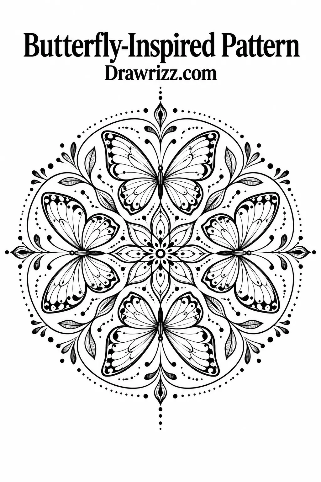 Mandala Drawing Ideas featuring a butterfly-inspired pattern with detailed wings, floral accents, delicate leaves, dotted details, and symmetry.