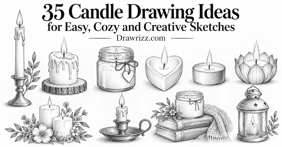 Candle Drawing Ideas featuring easy cozy pencil sketches of taper candles, jar candles, tea lights, lanterns, and floral candles.