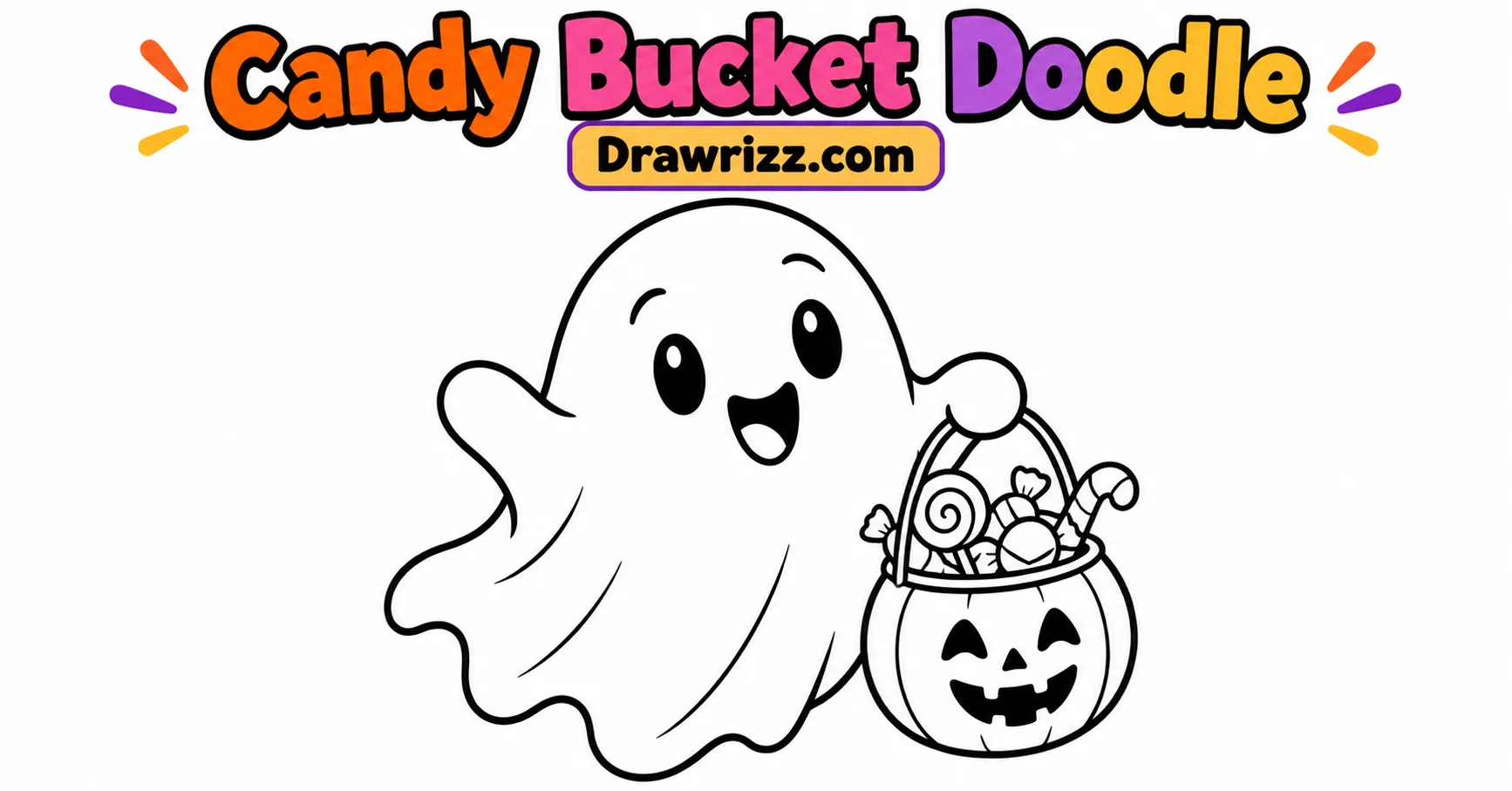 Candy Bucket Doodle from Ghost Drawing Ideas, featuring a cute ghost holding a pumpkin candy bucket for easy kids coloring fun.