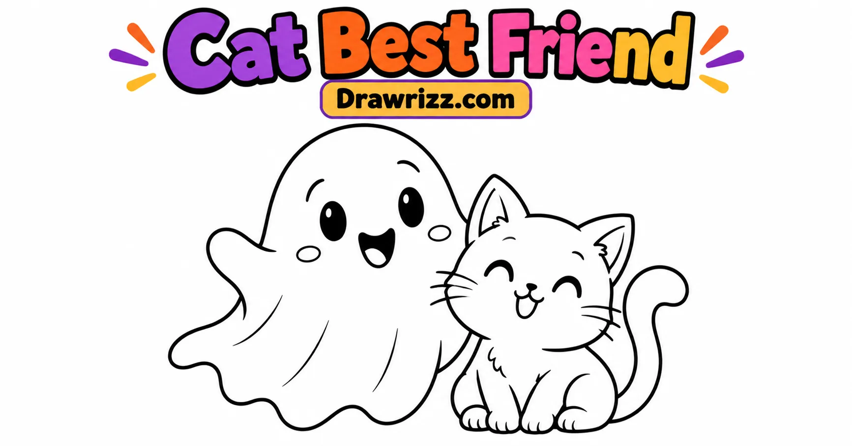 Cat Best Friend from Ghost Drawing Ideas, featuring a cute smiling ghost beside an adorable cat with bold outlines for kids coloring.