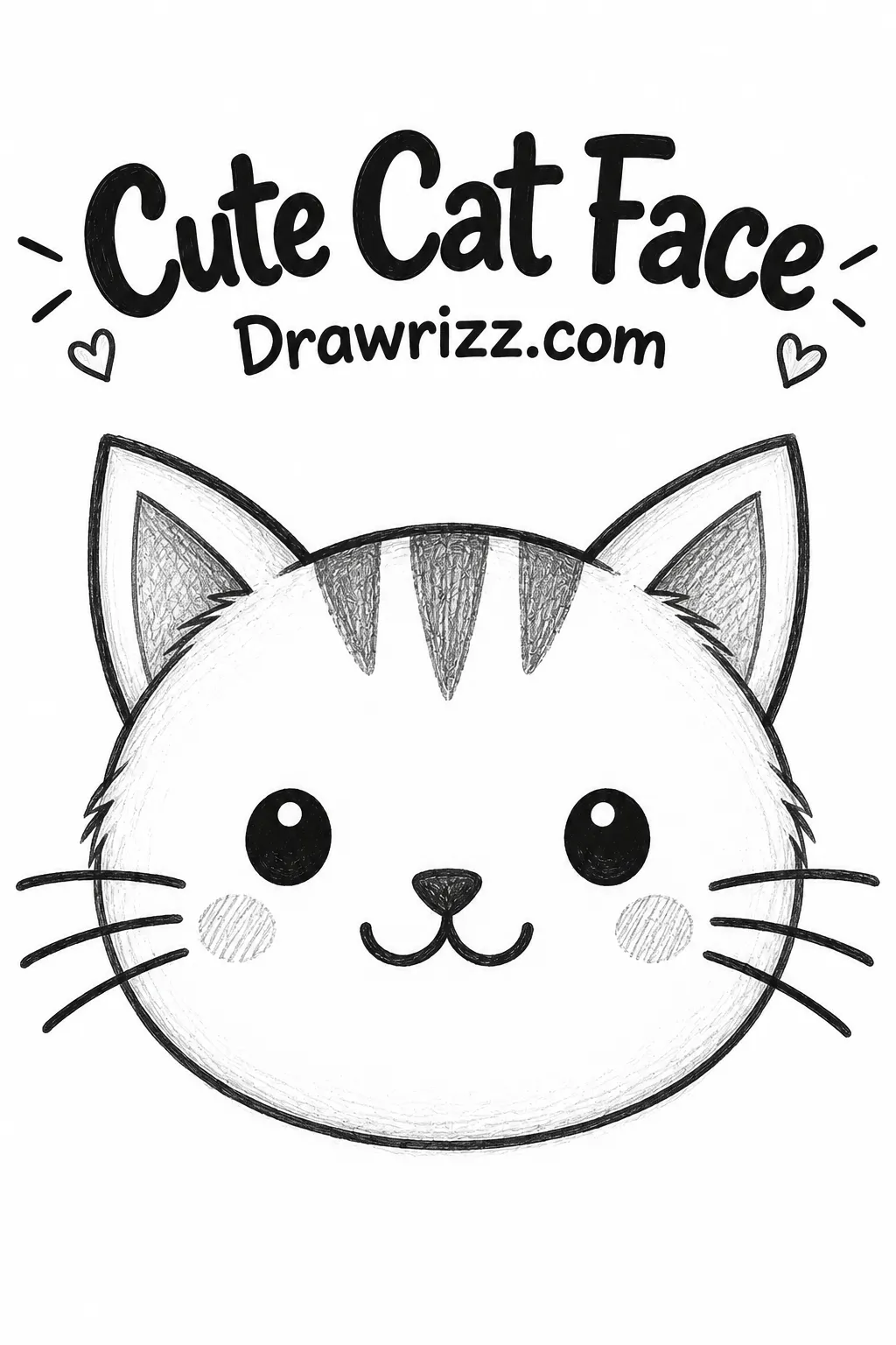 Easy Doodle Drawing Ideas featuring a cute cat face with pointed ears, whiskers and simple black-and-white pencil details.