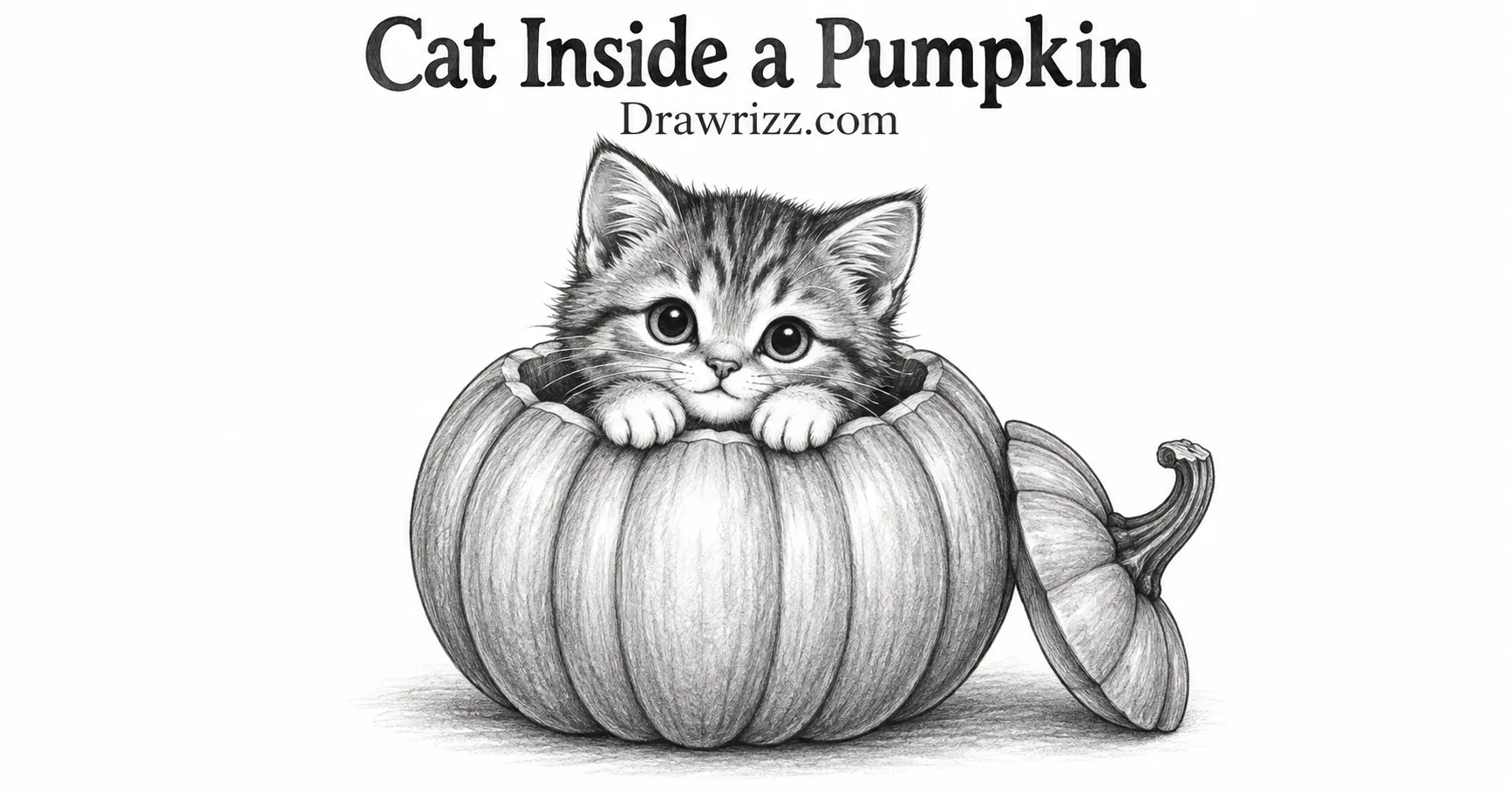 35 Halloween Drawing Ideas for Cute and Spooky Sketches Cat Inside a Pumpkin drawing featuring a cute kitten peeking from a large pumpkin with big eyes, tiny paws, and detailed pencil shading