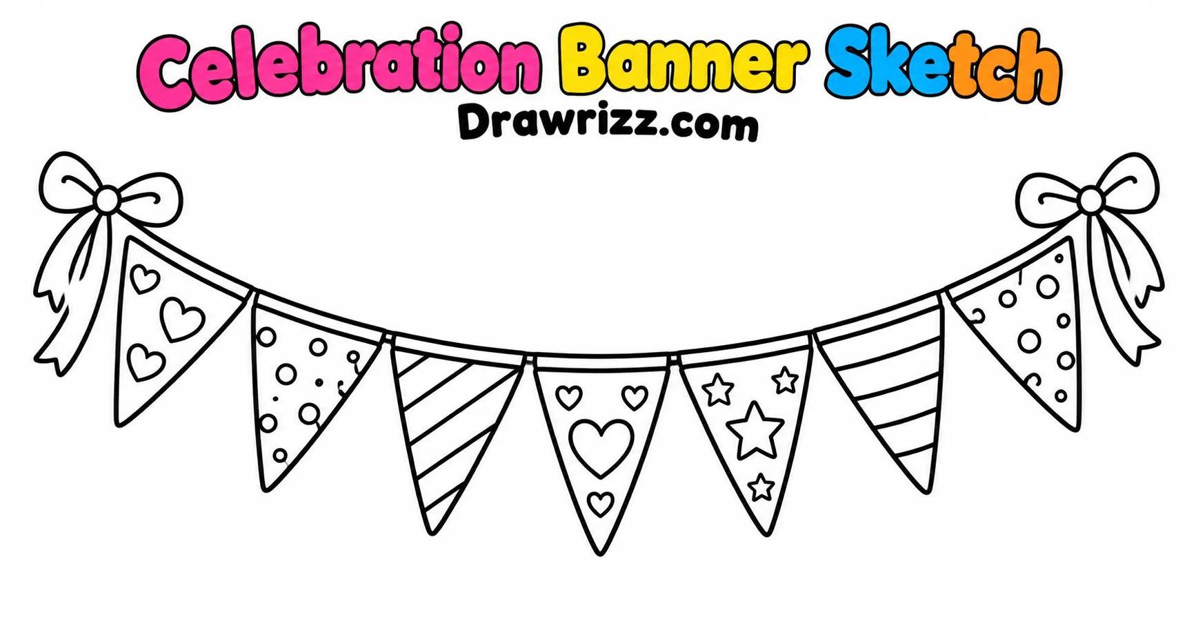 Happy Birthday Drawing Ideas featuring a celebration bunting banner with bows, hearts, stars and patterns in easy black and white line art.