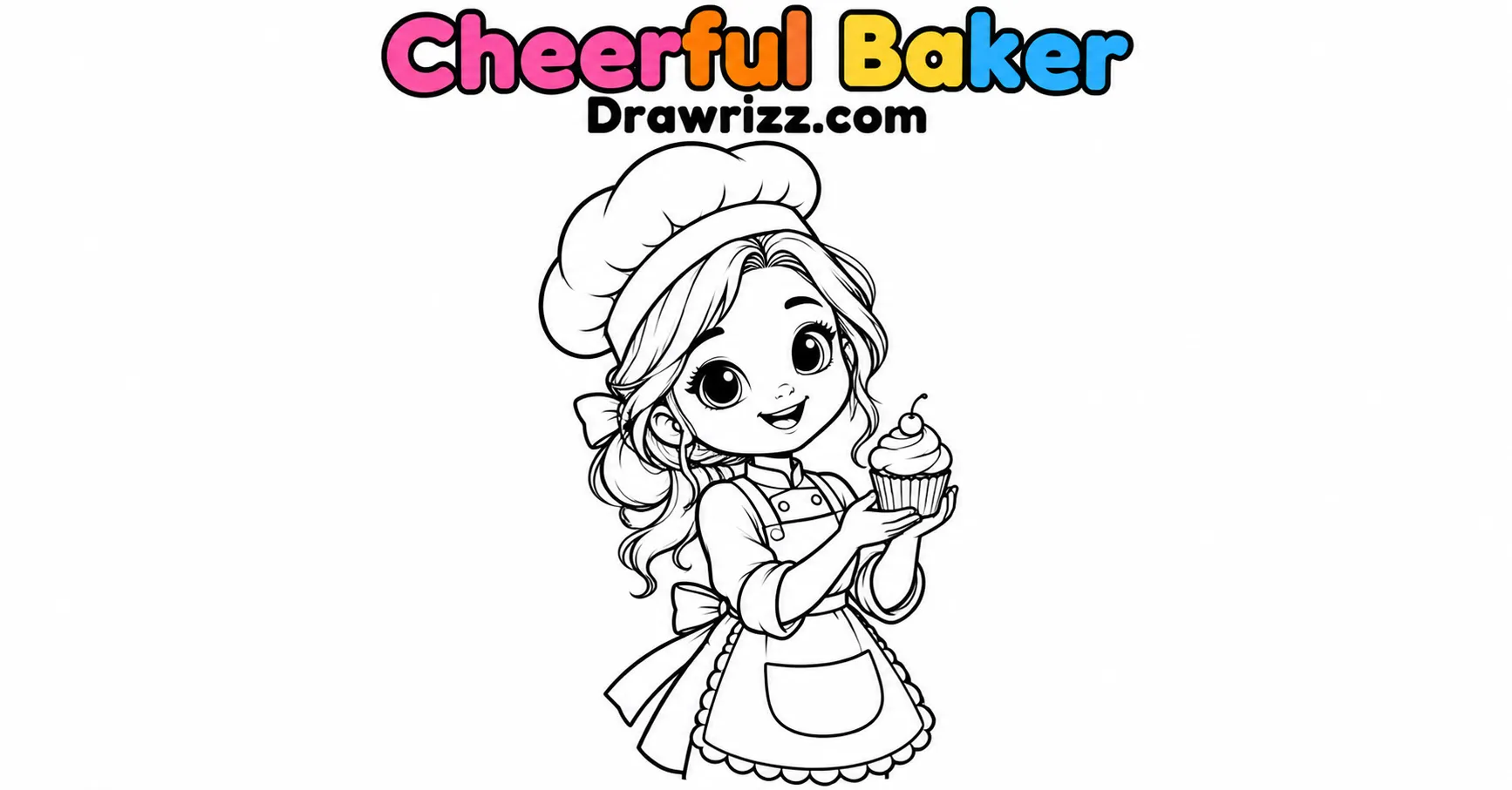 Character Sketch Ideas featuring a cheerful baker with chef hat, apron and cupcake in cute, clean black-and-white cartoon line art.