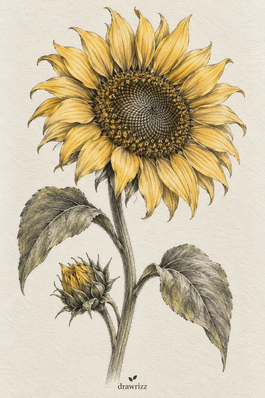 Cheerful Sunflower easy flower drawing ideas featuring a bright yellow sunflower sketch with detailed petals, textured center, leaves and bud.