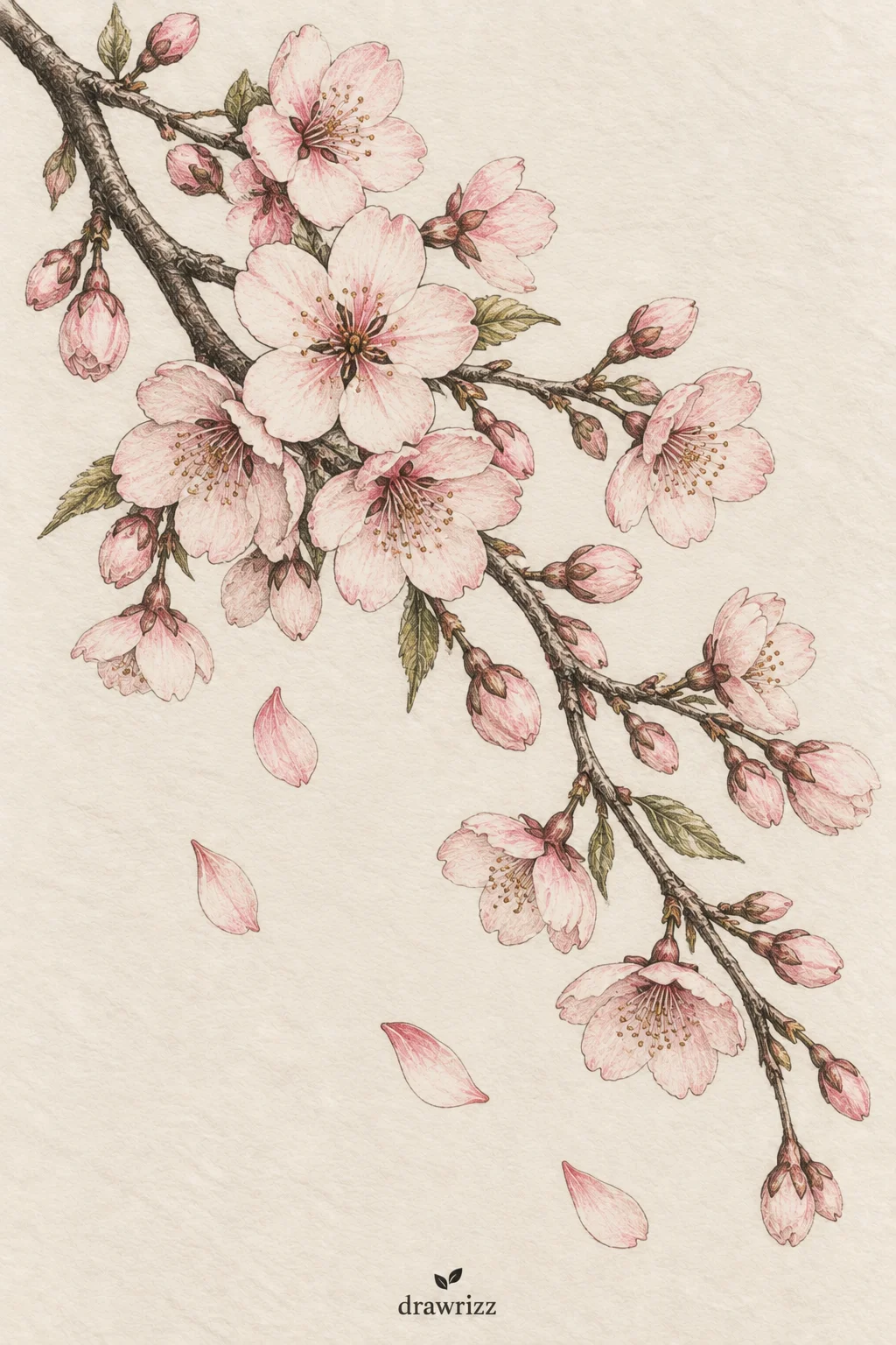 Cherry Blossom Branch easy flower drawing ideas featuring delicate pink cherry blossoms, graceful buds, textured branches and falling petals.