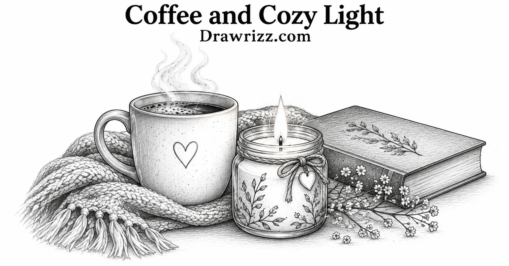 Coffee and cozy light drawing with steaming mug, glowing jar candle, book, knitted blanket, and delicate flowers in pencil art.