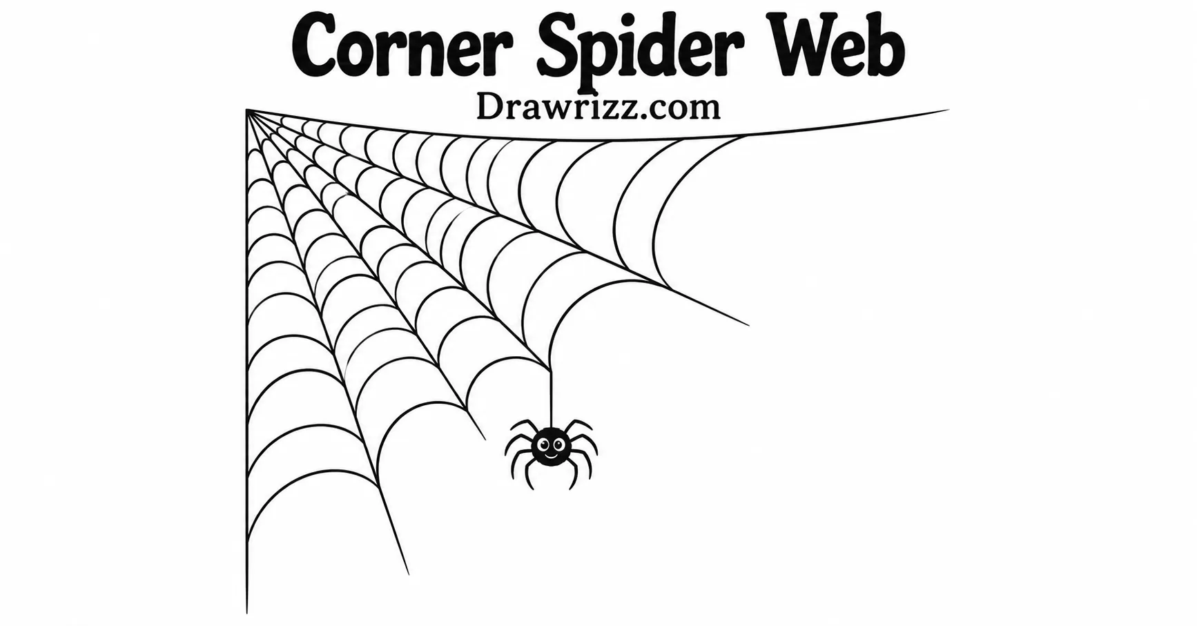 35 Halloween Drawing Ideas for Cute and Spooky Sketches Corner Spider Web drawing featuring a large detailed web with a cute smiling spider in clean black-and-white Halloween line art