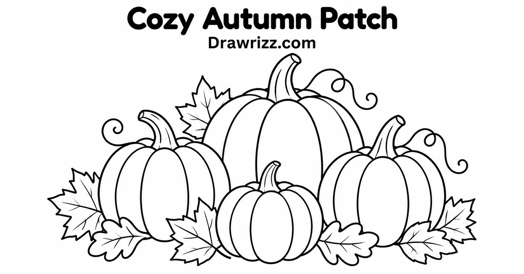 Pumpkin Drawing Ideas featuring a cozy autumn patch with four pumpkins, curling vines, fall leaves, and clean coloring outlines.