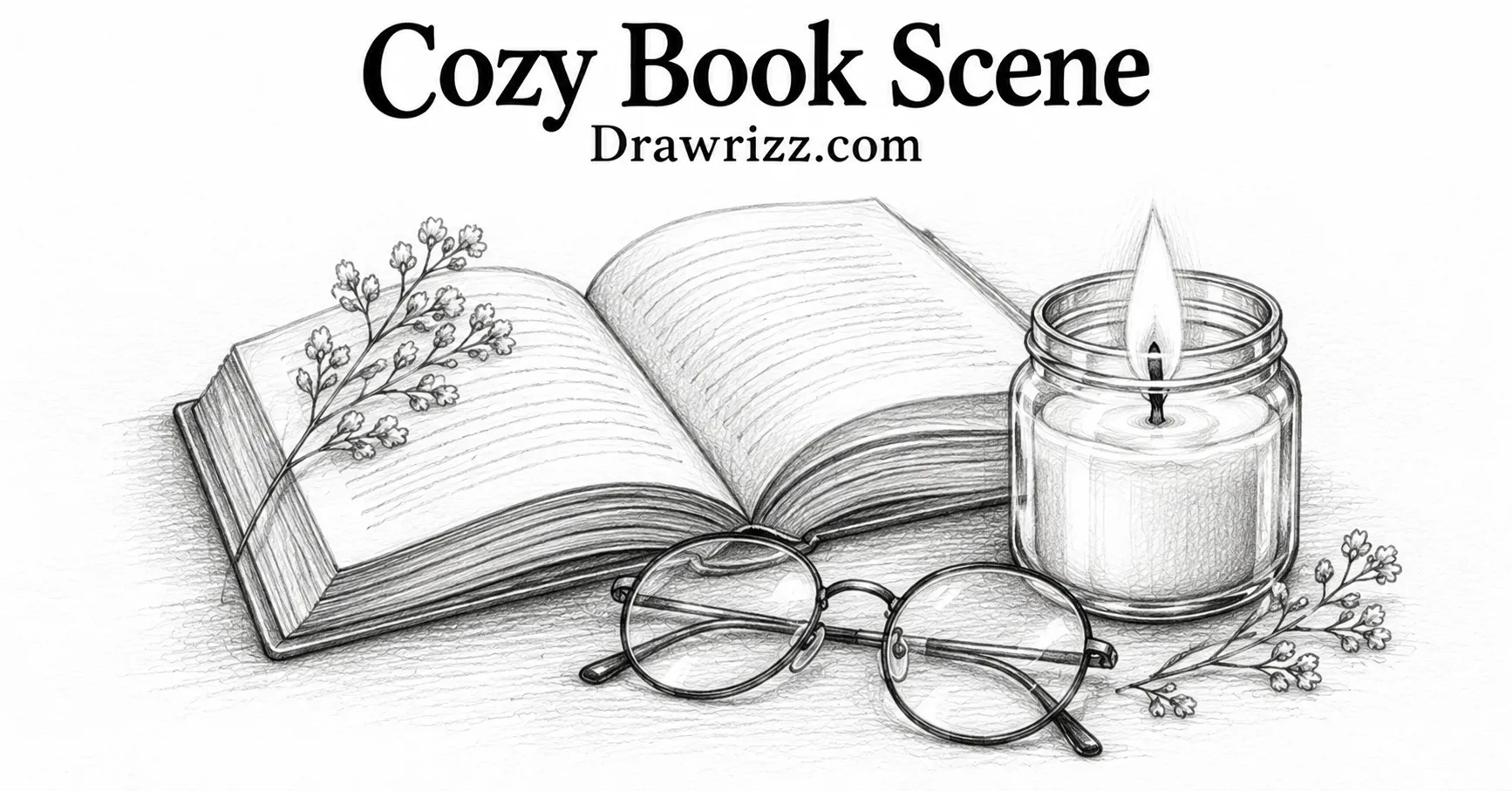 Cozy Book Scene candle drawing with open book, glasses, flowers, glowing jar candle, and detailed black and white pencil sketch.