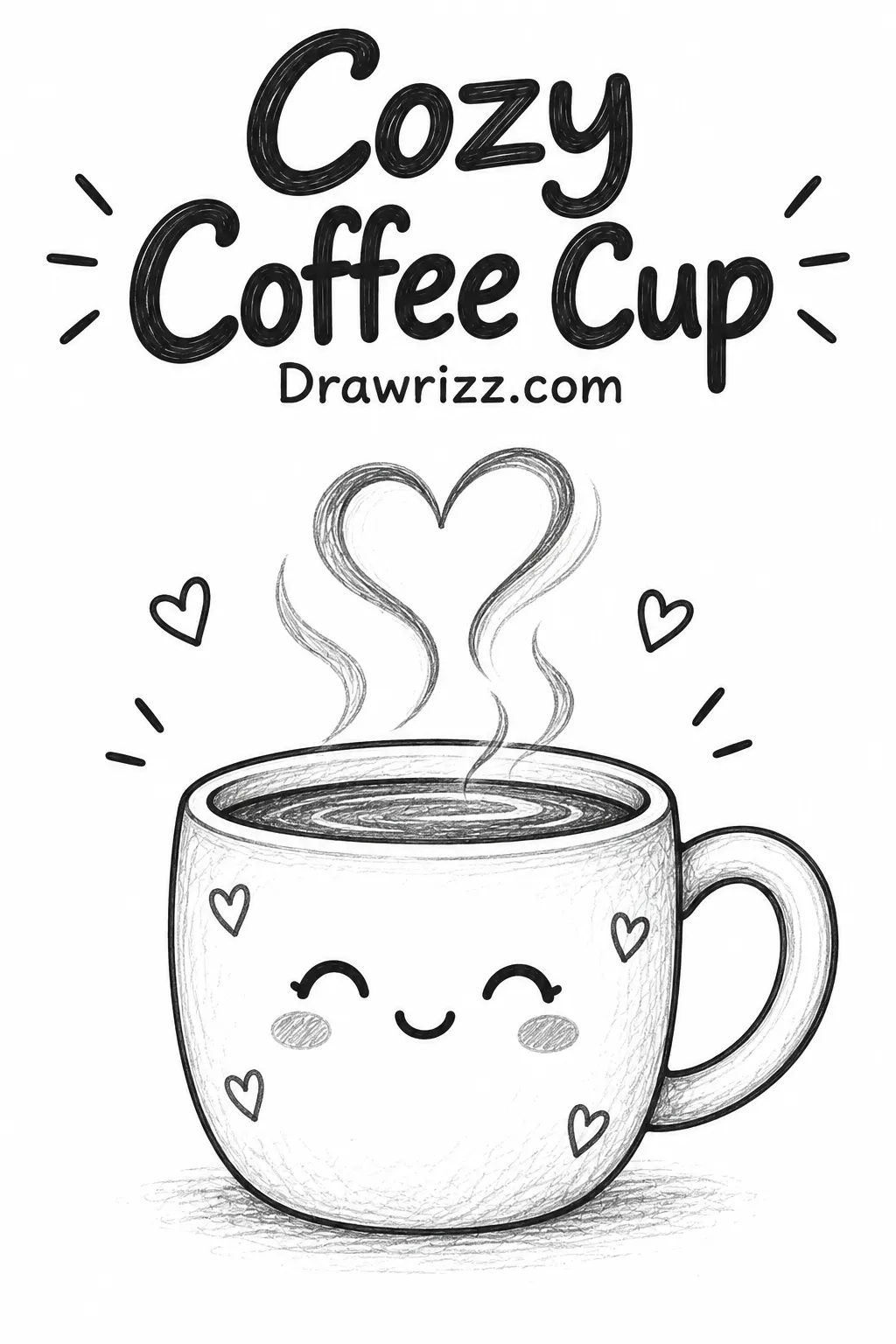 Easy Doodle Drawing Ideas featuring a cozy coffee cup with heart-shaped steam, smiling face and simple pencil art for beginners.