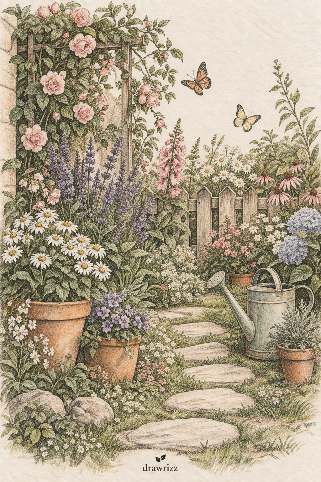 Cozy Garden Scene flower drawing ideas featuring climbing roses, daisies, lavender, hydrangeas, lush greenery, butterflies, flower pots, a rustic watering can, and a charming stone garden pathway.