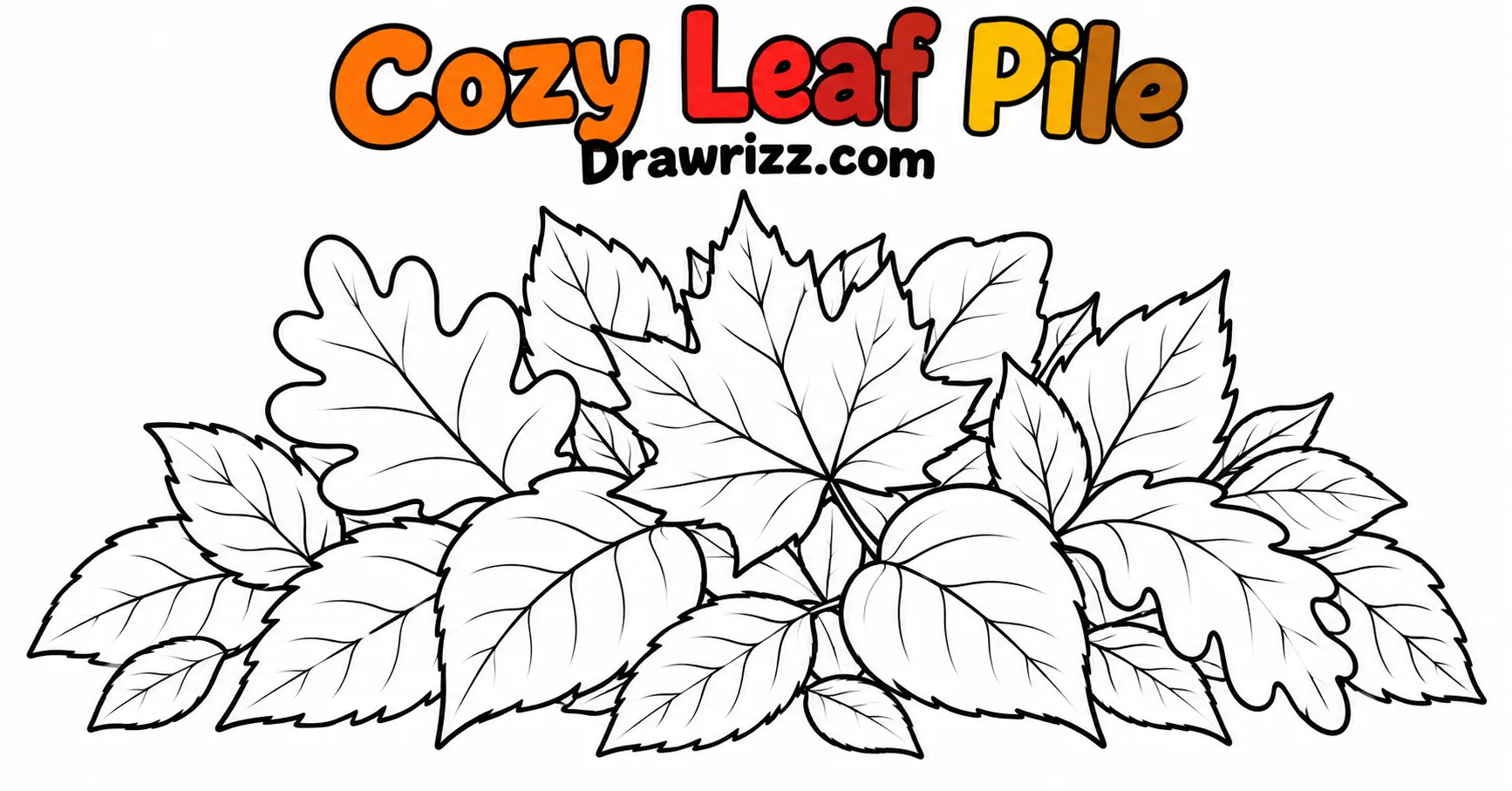 Fall Leaves Drawing Ideas featuring a cozy pile of maple, oak and assorted autumn leaves with clean outlines for easy coloring.