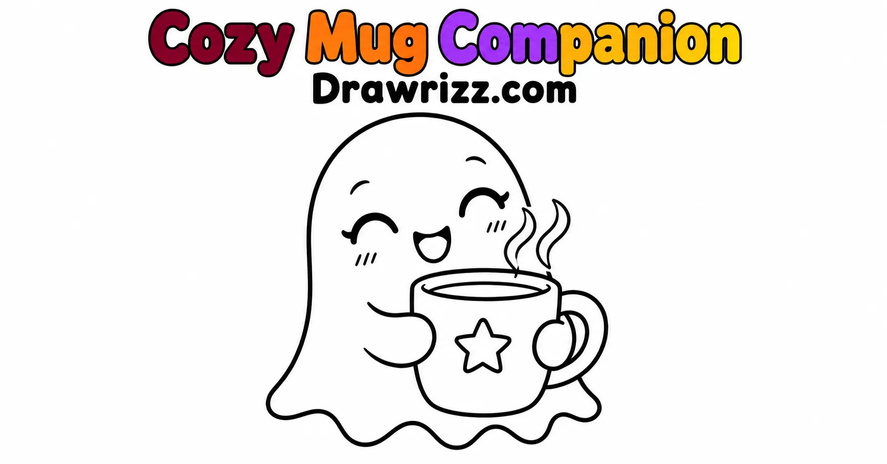 Cozy Mug Companion from Ghost Drawing Ideas, featuring a cute smiling ghost holding a warm mug with bold outlines for kids coloring.