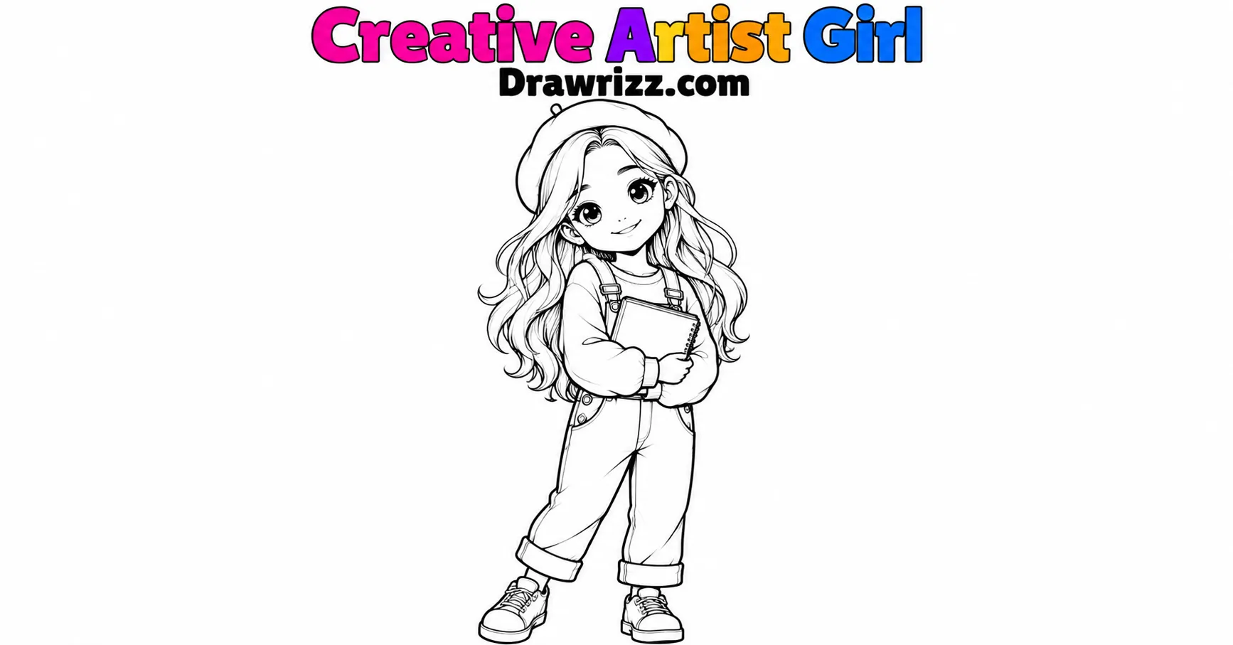 Character Sketch Ideas featuring a creative artist girl in a beret and overalls holding a sketchbook in clean black-and-white line art.