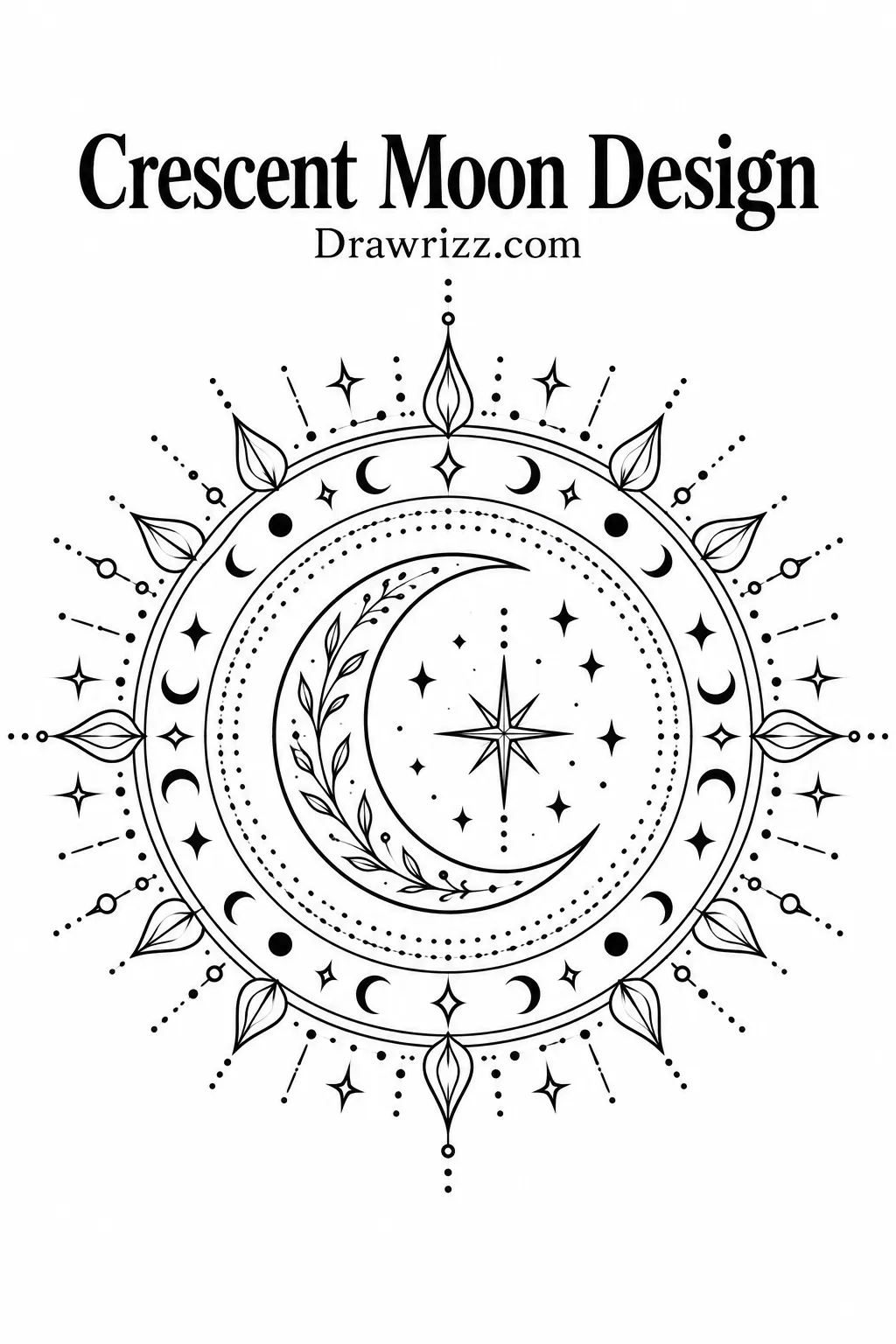 Mandala Drawing Ideas featuring a crescent moon design with celestial stars, leafy details, dotted rings, and elegant symmetrical line art.