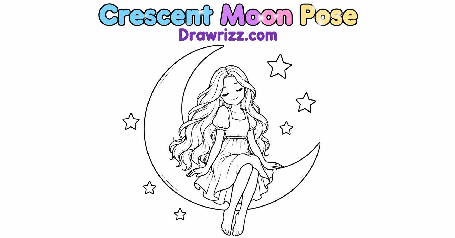 Girl Sketch Drawing Ideas featuring a girl sitting on a crescent moon with flowing hair, stars, and clean black and white line art.