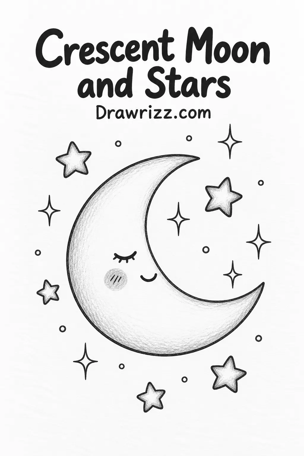 Easy Doodle Drawing Ideas featuring a cute crescent moon with stars, sparkles and simple black-and-white pencil art for beginners.