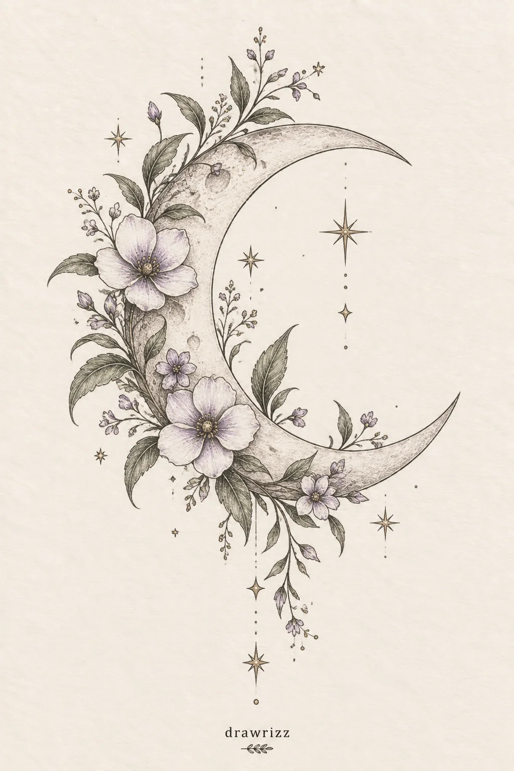 Crescent Moon with Vines easy flower drawing ideas featuring a celestial moon sketch decorated with delicate flowers, leafy vines and stars.
