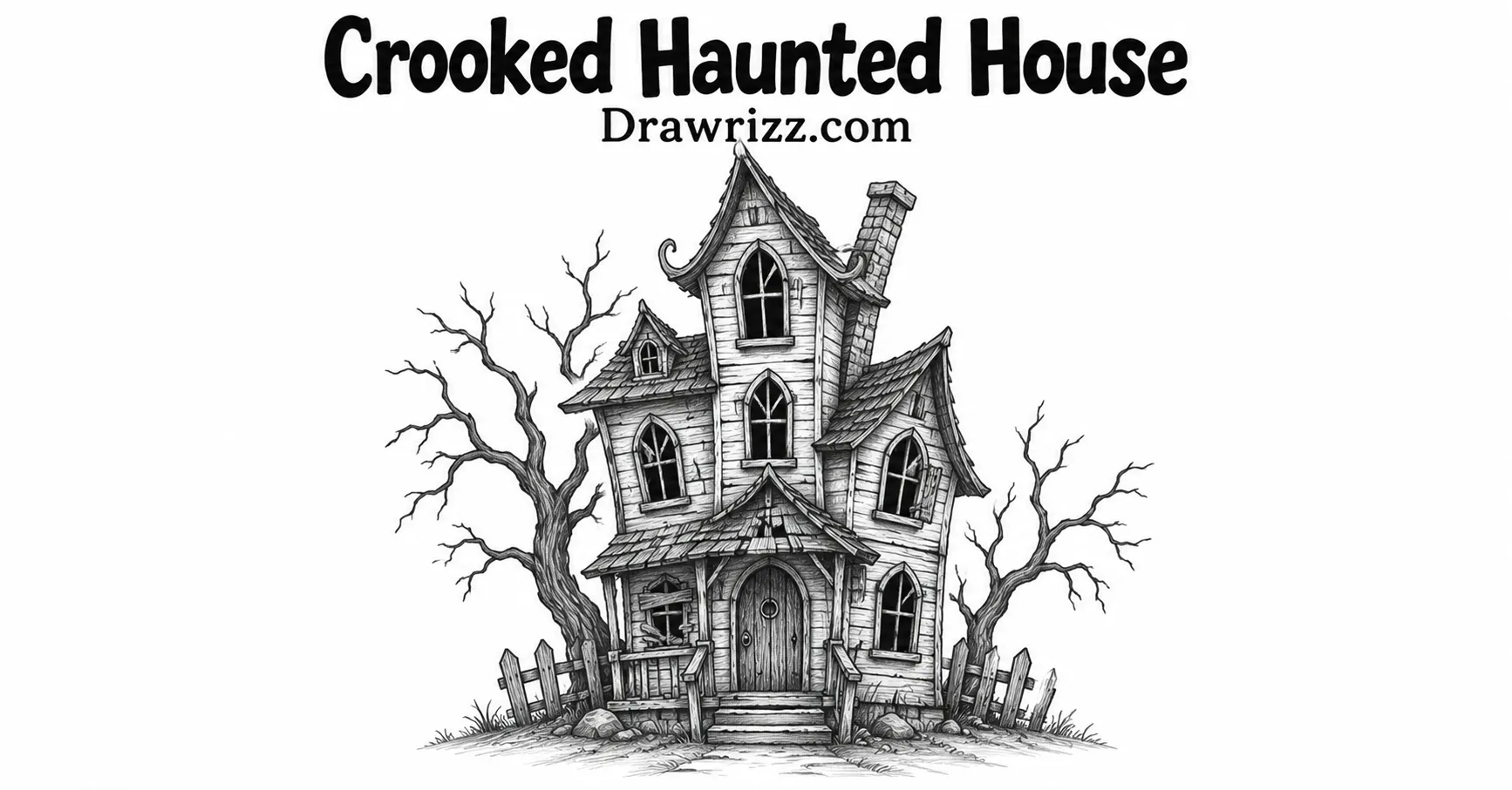35 Halloween Drawing Ideas for Cute and Spooky Sketches Crooked Haunted House drawing featuring a spooky old mansion with twisted roofs, dark windows, bare trees, and detailed pencil lines