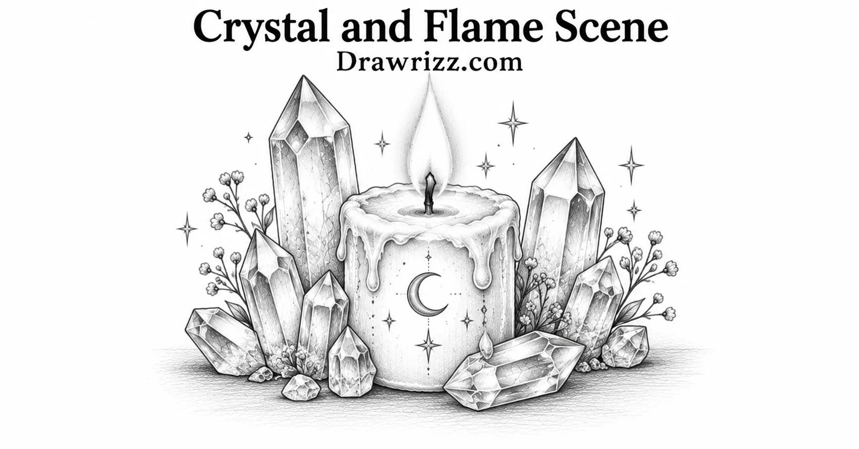 Crystal and Flame Scene candle drawing with sparkling crystals, crescent moon, glowing flame, and detailed black and white pencil art.