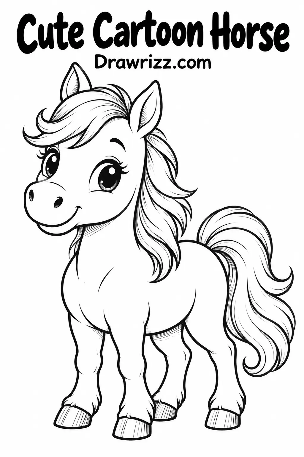 35 Horse Drawing Ideas Easy, Cute and Creative Sketches Cute Cartoon Horse drawing with big expressive eyes, flowing mane and simple black line art, perfect for easy horse drawing ideas.