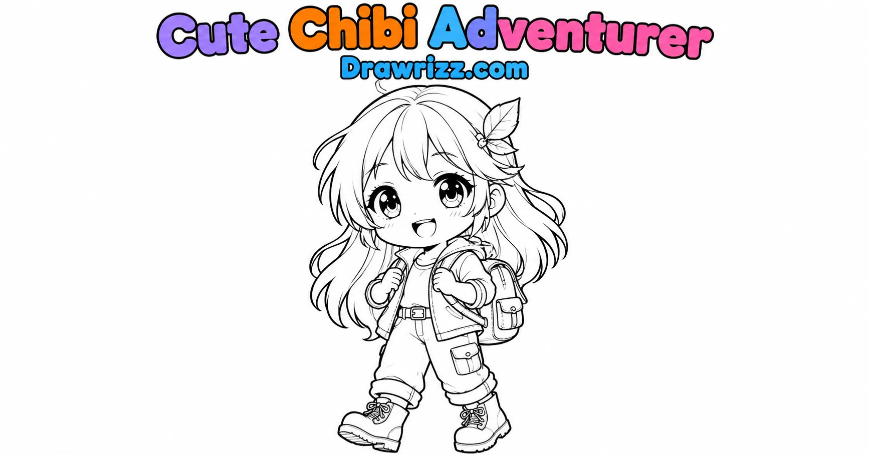 Character Sketch Ideas featuring a cute chibi adventurer with big eyes, long hair, backpack and boots in clean black-and-white line art.