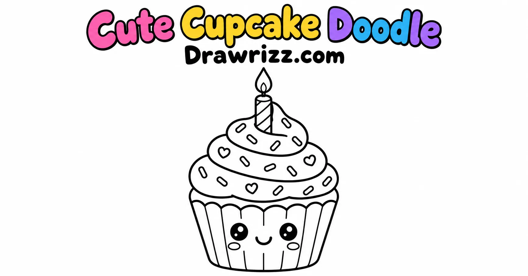 Happy Birthday Drawing Ideas featuring a cute cupcake with frosting, sprinkles, candle and smiling face in easy coloring line art.